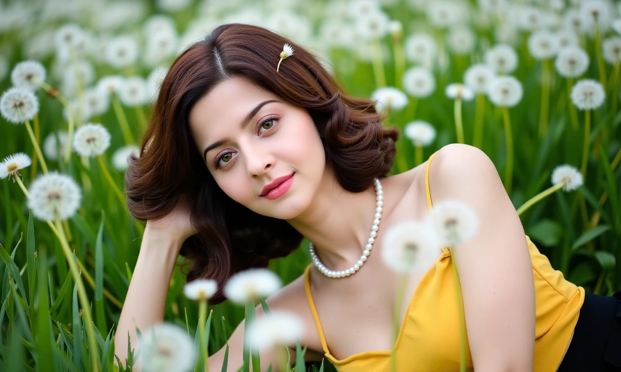 vedhikakuukohwx lying serenely in a field of dandelions.  Short, wavy brown hair, adorned with dandelion seeds, frames the face.  eyes gaze softly, and a touch of rosy lipstick adds a subtle sophistication.   A simple pearl necklace complements the overall aesthetic.  The environment is a verdant field of tall grass, with an abundance of white dandelions.  Soft natural light casts subtle shadows, creating a dreamy atmosphere.  The focus is on the subject, with a shallow depth of field allowing dandelions to gently blur in the background.  A contemplative mood pervades the scene, suggesting a moment of peace and reflection.  The camera angle is slightly low, with a focused eye-level view.  The style is evocative of a gentle, romantic portrait, with a touch of etherealism.  Natural, subtle lighting and detailed textures. She is in a black skirt and a yellow top




