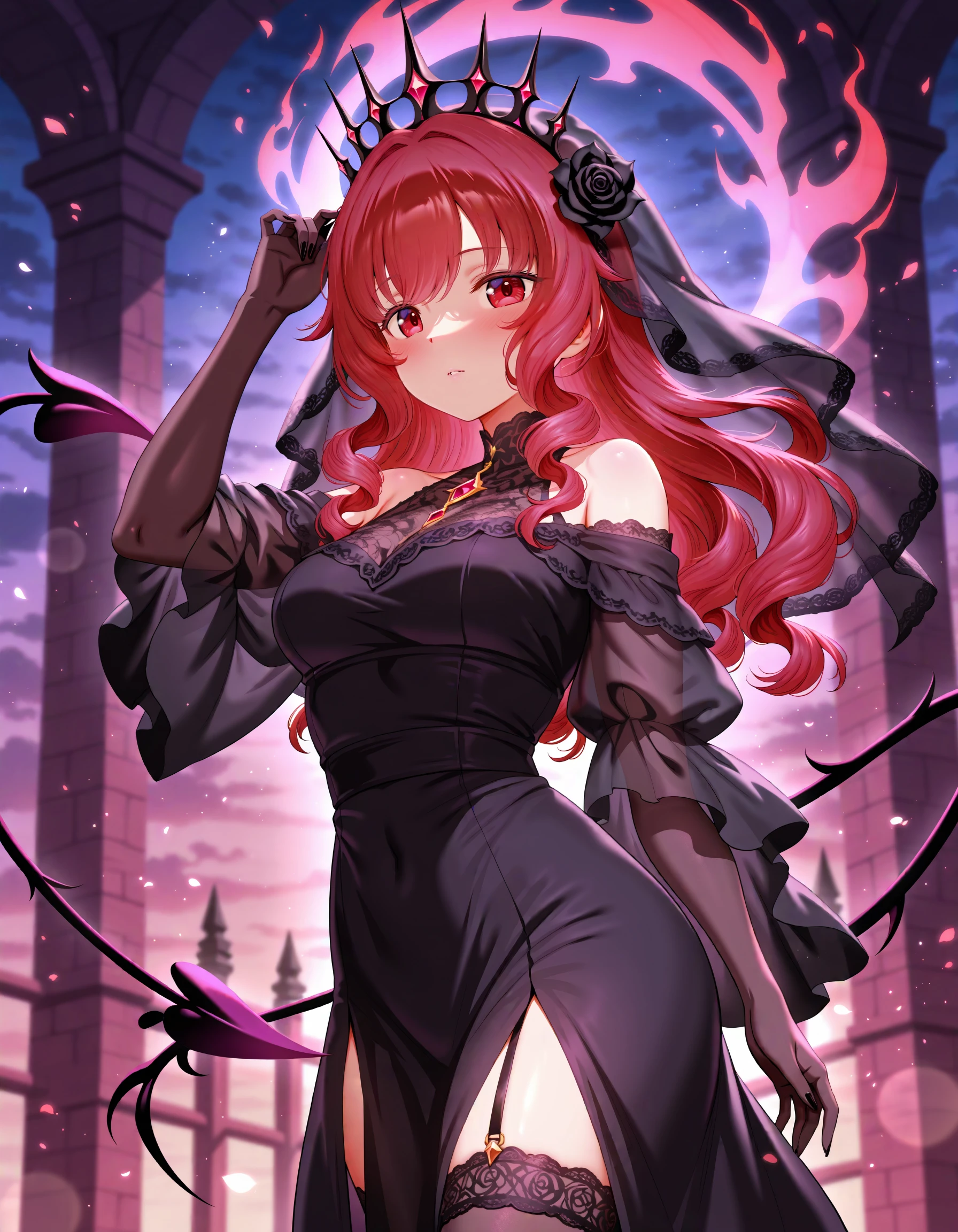 masterpiece, best quality, highres, year 2024, Mdastarou,  1girl, solo, red hair, red eyes, curly hair, black dress, lace, lace trim, adjusting headwear, standing, black crown, black roses, outdoors, dark background, demon magic, magia record: mahou shoujo madoka magica gaiden,