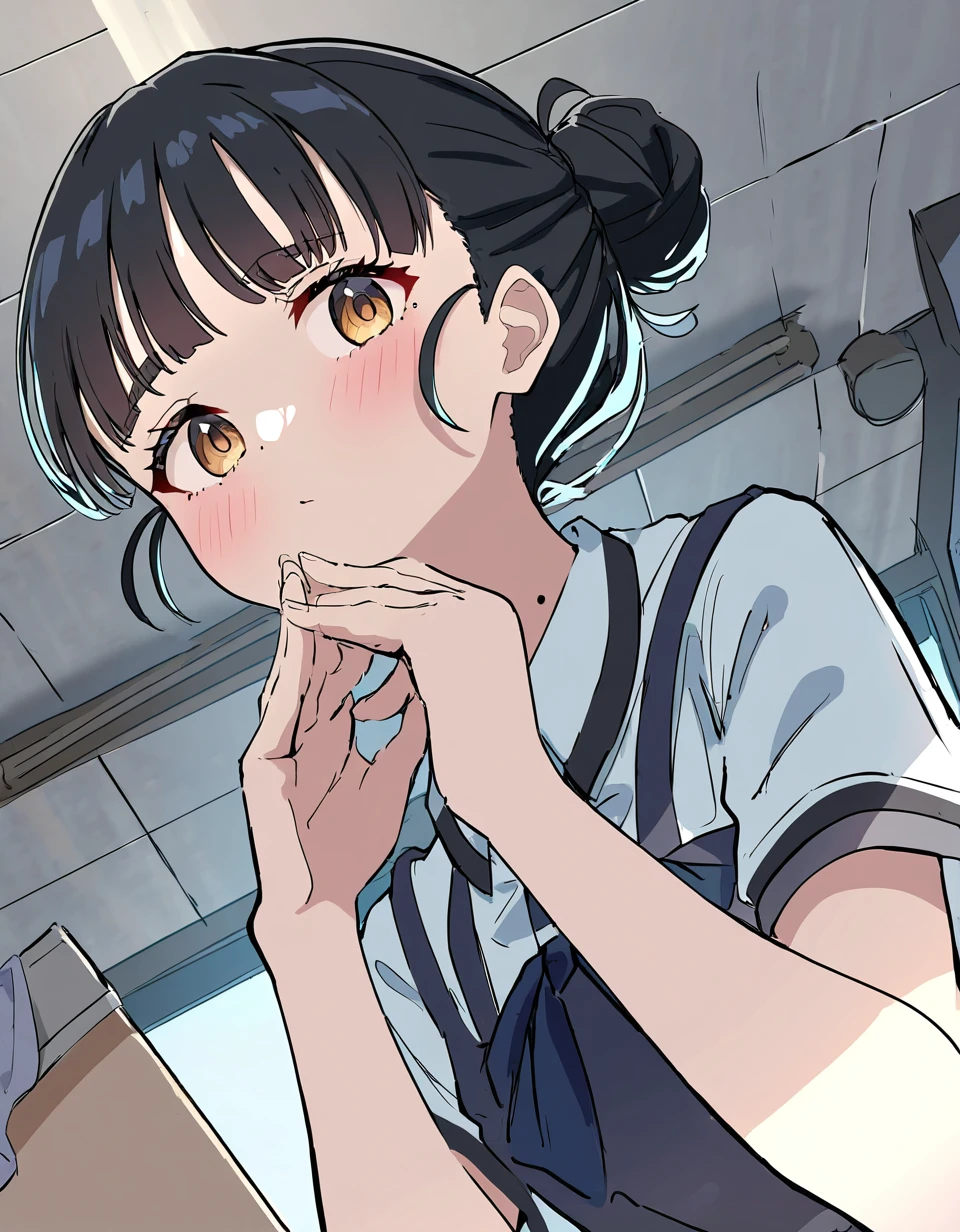 <lora:na_basori_tiara_r32:1.0> 1girl, basori tiara, make heroine ga oo sugiru!, bow, mole on neck, mole, school uniform, blue bow, looking at viewer, black eyes, bowtie, grey jacket, blush, jacket, name tag, blue bowtie, upper body, shirt, blazer, own hands together, closed mouth, window, white shirt, collared shirt, short hair, long sleeves, indoors, (masterpiece), best quality, amazing quality, very aesthetic, absurdres, newest, artist: dodota <lora:animagine_fixhand_v1:1.1>