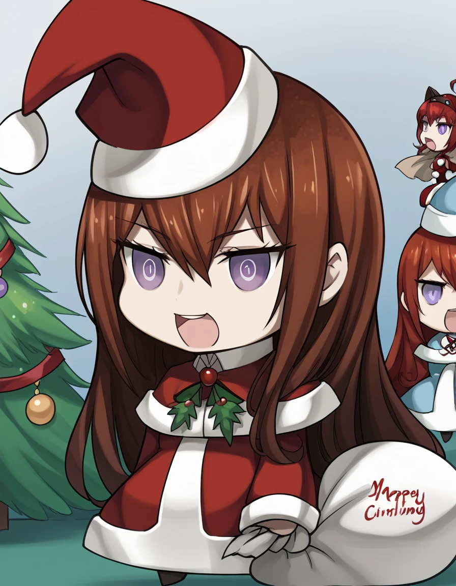 score_9, score_8_up, score_7_up, source_anime, <lora:kurisu-makise-ingame-ponyxl-lora-nochekaiser:1>, kurisu makise, hair between eyes, hair over shoulder, long hair, purple eyes, red hair, straight hair, mature female, small breasts,, <lora:padoru-ponyxl-lora-nochekaiser:1>, padoru, padoru (meme), holding sack, sack, santa hat, meme, christmas, open mouth, chibi, red capelet, santa dress, capelet, fur-trimmed headwear,, , dutch angle, cowboy shot