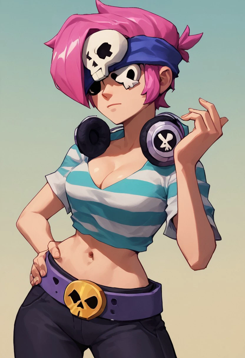 score_9, score_8_up, score_7_up, source_anime, solo, 1girl, bspenny ,1girl , pink hair , short hair, black eye ,   bandana,  one eye covered ,  skull  ,hairband  , eyepatch, striped shirt, belt,black pants , looking at viewer,  navel , headphones, cleavage <lora:brawlstars_janet_ponyXL:1>