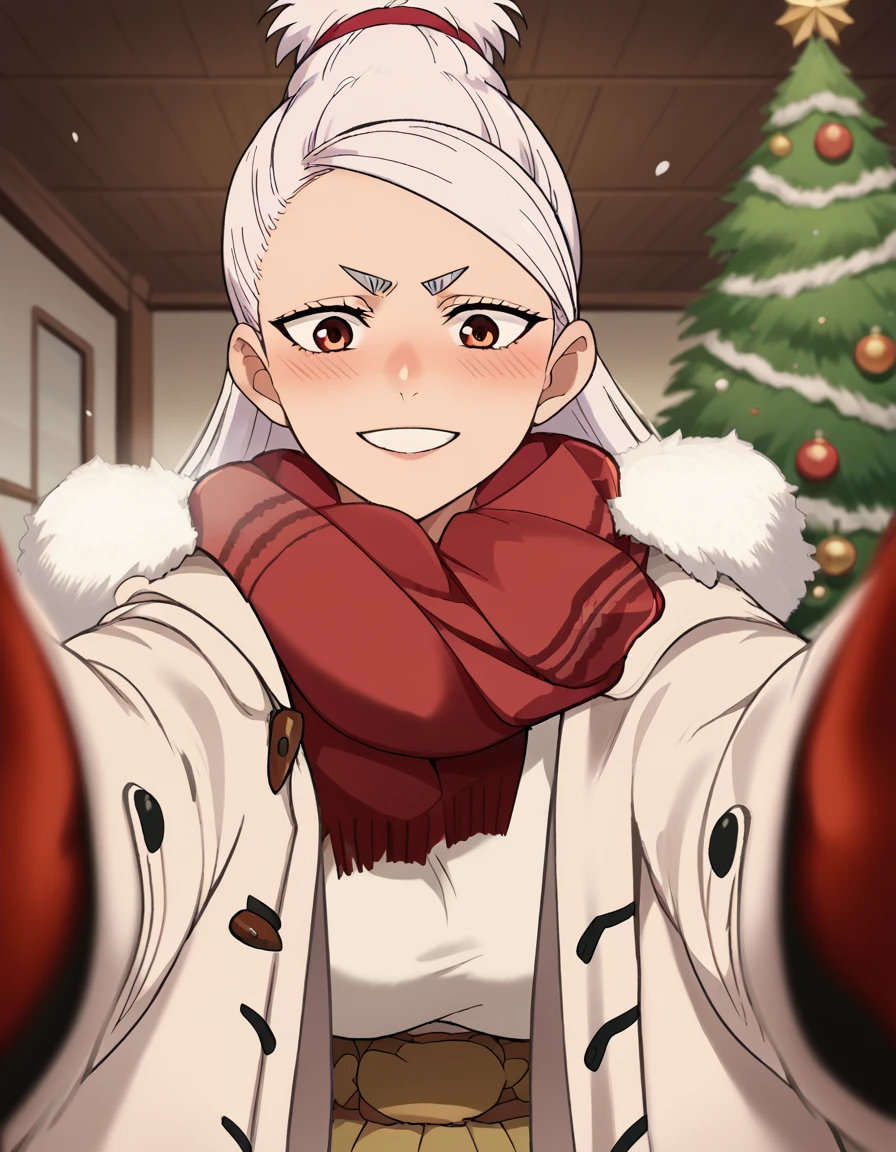 score_9, score_8_up, score_7_up, source_anime, <lora:saeko-ayase-s1-ponyxl-lora-nochekaiser:1>, saeko ayase, long hair, large breasts, white hair, brown eyes, anime screencap,, <lora:pov-cheek-warming-ponyxl-lora-nochekaiser:1>, pov cheek warming, pov cheek warming (meme), winter gloves, duffel coat, fur-trimmed scarf, winter clothes, red mittens, meme, winter coat, red scarf, fur-trimmed coat, reaching towards viewer, reaching, mittens, fur-trimmed hood, white coat, open coat, scarf, coat, red gloves, snowing, pov, fur trim, depth of field, smile, blush,, christmas, christmas tree, christmas lights,, , dutch angle, cowboy shot
