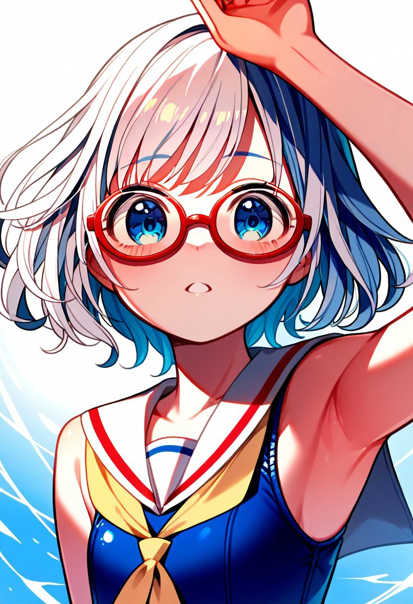 score_9, score_8_up, score_7_up, score_6_up, score_5_up, score_4_up, Shiroumi Kana, 1 girl, aquamarine hair, (blue eyes: 1.1), fins, red-framed glasses, short white hair, yellow bandana, one-piece swimsuit, sailor collar, blue swimsuit
