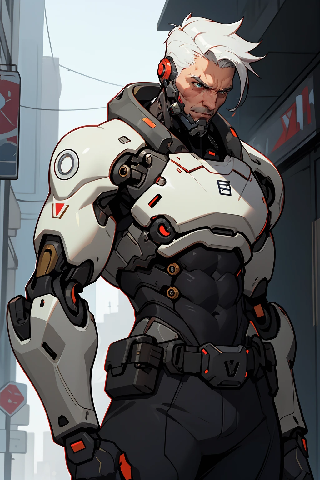 ,Sodier76,Mecha,overwatch2,Half-length close up,cyberpunk,science fiction background,comic style,in cyberpunk city,mechanical body,prosthetic transformation,portrait of detailed soldier with his mechanical bodysuit heavy exosuit,solo,futurism,masculinity,male_focus,upper_body, <lora:Malemecha_V1:0.5>,<lora:GoodHands-beta2:1>