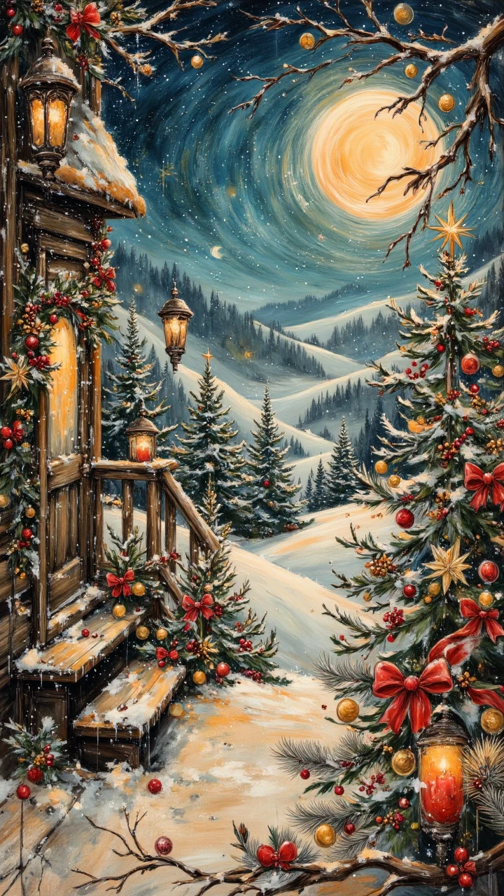 Surrealism, a vibrant array of colors and shapes fills the canvas, each one unique in its own way. A snowy landscape stretches out before them, with a winter wonderland nestled in the background. The sun casts a warm glow on the scene, and the air is filled with the sweet scent of pine needles and candles. The artwork is decorated with twinkling lights and intricate designs, creating a festive atmosphere that invites you to join in the festivities. expressive, dramatic, organic lines and forms, dreamlike and mysterious, Surrealism, aidmavintagechristmaspaper