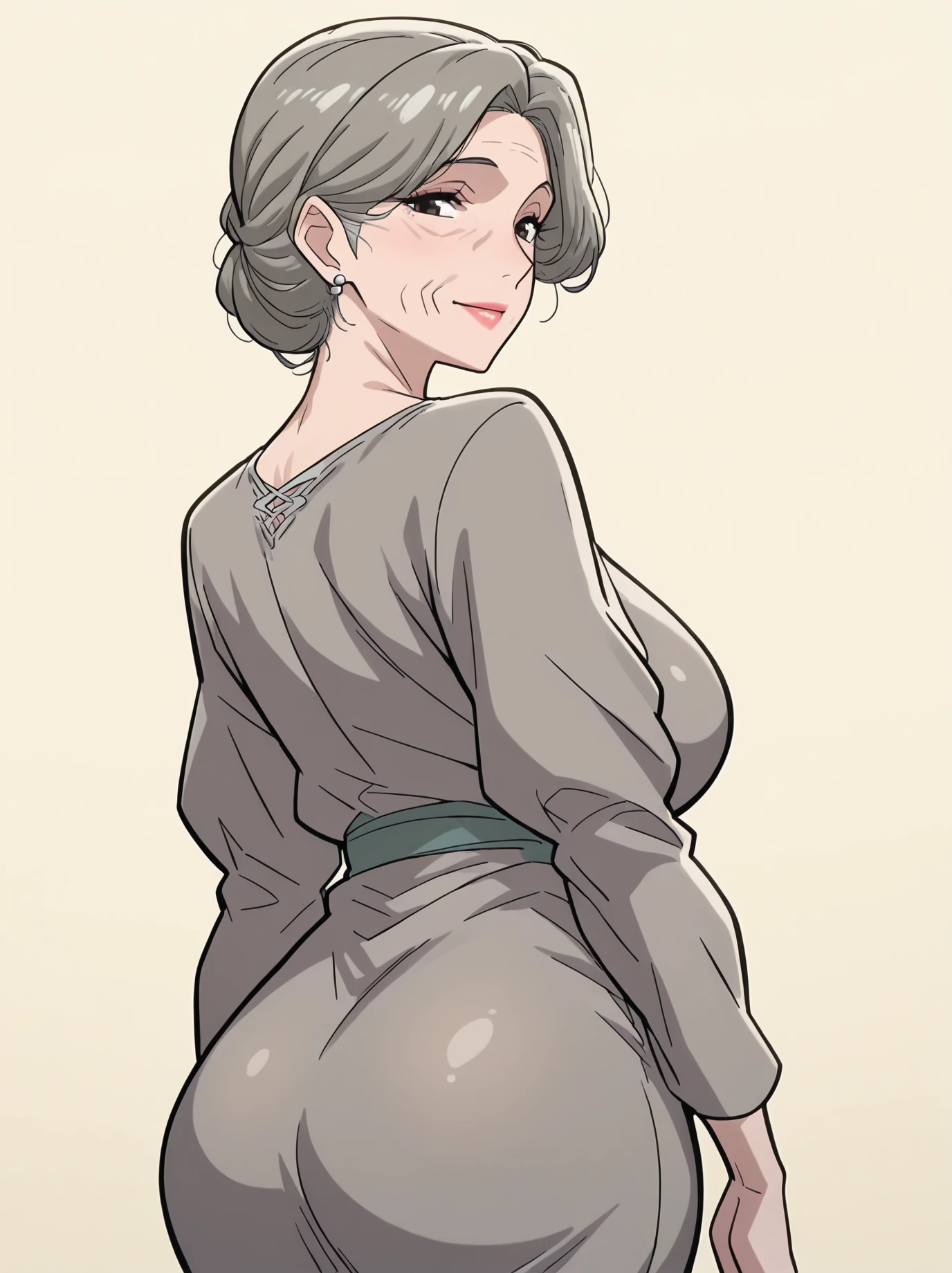 1girl, mature female, gilf, simple background, grey dress, from behind, looking at viewer, masterpiece, best quality, stylish, very aesthetic, absurdres <lora:Anime_Gilf:1>