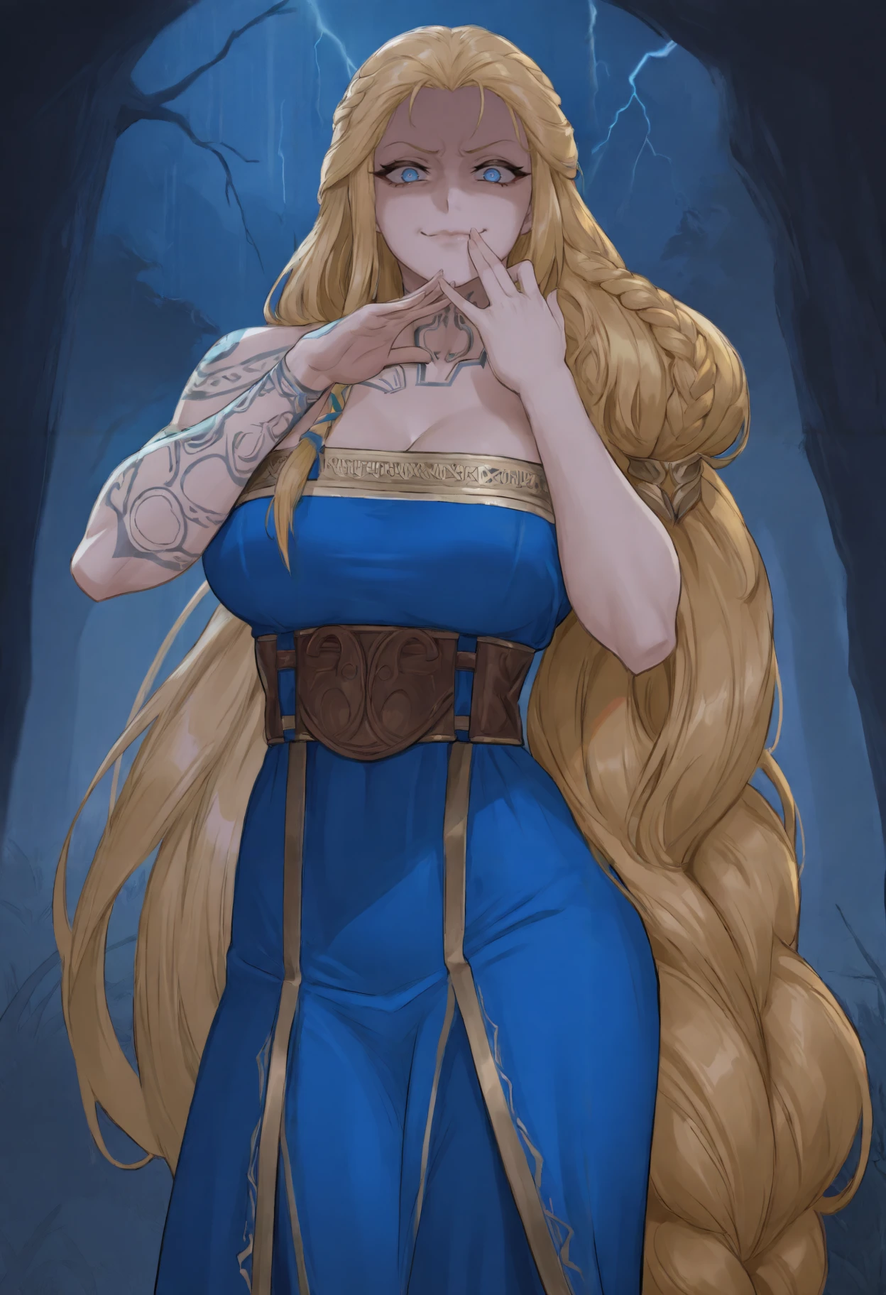 masterpiece, best quality, newest, absurdres, highres, thunder, dark, outdoors, night, closed mouth, 1girl, solo, gow_sif, blue eyes, single braid, very long hair, blonde hair, hair over shoulder, arm tattoo, neck tattoo, hair ornament, bare shoulders, strapless, collarbone, blue dress, long dress, gold trim, belt around waist, brown belt, looking at viewer, gesugao, evil smile, shaded face, glaring, crazy eyes, ojou-sama pose,  <lora:gow_sif_Illustrious-000007:1>