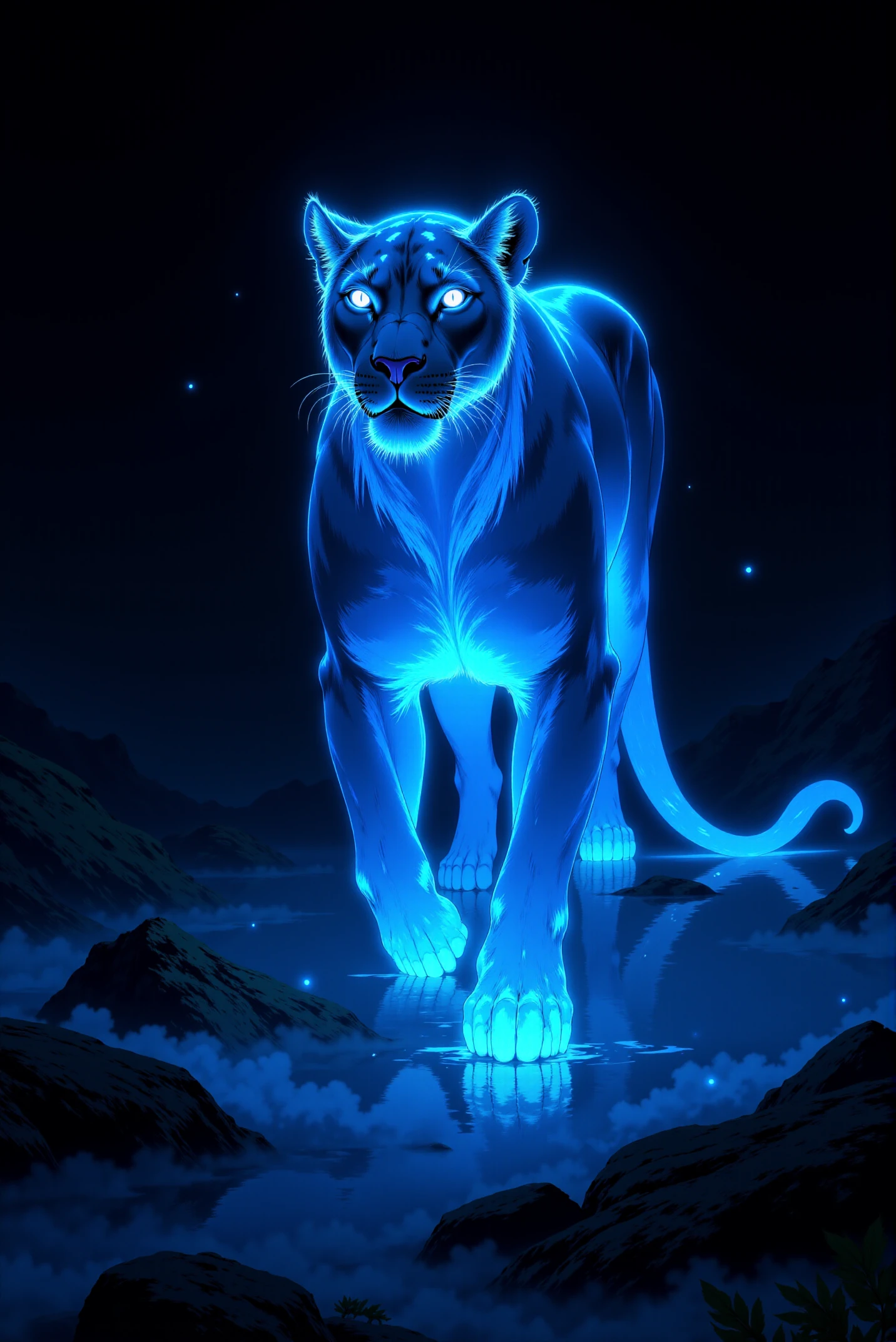 A stunning digital illustration showcases a (from above very close shot:1.3) of a (graceful, majestic celestial lioness prowling through her shadowy natural habitat, knee deep in a layer of dense, fluffy for resembling a shallow milky-waters:1.3), her sleek form glowing faintly with an ethereal gradient of luminous colors against an almost pitch-black background. The celestial lionessâs elegant and powerful body is sculpted with fine detail, her musculature and smooth contours rendered with precision as she moves silently through the dimly lit environment. The front of her form, including her head, shoulders, and outstretched paws, radiates a  dark, saturated blue glow, creating a celestial, almost spectral presence. Her piercing eyes, which shine with a quiet yet commanding intensity, while the edges of her face and whiskers catch the glow, tracing the lioness's noble and predatory features. As the light transitions down her powerful body, it shifts into an white faint glow that illuminates her torso and highlights the graceful curvature of her spine, ribcage, and muscular flanks. The faint white seems to hum with energy, casting soft, glowing reflections onto her surroundings as if the very air is alive with her luminous presence. Toward the back of her body and tail, the gradient deepens into a dark, saturated blue, illuminating her  legs and the long, sinuous tail that trails behind her. The dark blue hue disperses softly into the surrounding darkness, creating subtle, smoky trails of light that add to the lioness's mystical aura. The faint outlines of her natural habitat, such as distant foliage, scattered branches, or faint ground textures, emerge as silhouettes from the consuming darkness, their edges tinged with soft glows of dark blue where the lionessâs light spills across them. Tiny particles of light, like glowing embers or fireflies, hover faintly around her, drifting through the air and accentuating the magical quality of the scene. (Her paws are knee deep in a thick layer of dense, fluffy fog which catches the luminous gradient of her body, creating translucent volumetric light that mimic her fluid movements). Rendered in a contemporary neon-surrealist style, the illustration employs smooth, radiant gradients, sharp contrasts, and meticulous attention to detail, enhancing the lionessâs otherworldly elegance. The stark juxtaposition between the glowing vibrancy of her form and the surrounding void-like darkness creates a sense of mystery and wonder, as though the lioness is a mythical guardian of the night, glowing with an inner fire that lights her path through the unseen depths of her shadowy realm.  <lora:DGLO_style_v.6:0.99>