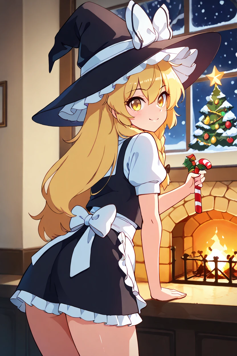 masterpiece, best quality, solo, curvy, beautiful eyes,<lora:KirisameMarisaTouhouIXL:1.0>, zzMarisa, yellow eyes, hair between eyes, blonde hair, hair bow, long hair, very long hair, single braid, bow, braid, hat, witch hat with a festive red and white Santa theme, waist apron styled with red fabric and white fur trim, short sleeves, holiday-themed red and white accents, puffy sleeves, puffy short sleeves, hat bow, apron, joyfully decorating a Christmas tree with sparkling ornaments and twinkling lights, snow gently falling outside a frosted window, holding a garland of holly in one hand and a candy cane in the other, cozy and festive atmosphere, warm glow of a fireplace in the background   side view, ass, leaning forward, cowboy shot, smile, looking at viewer, shiny skin,<lora:DiivesIXL:1.0>,