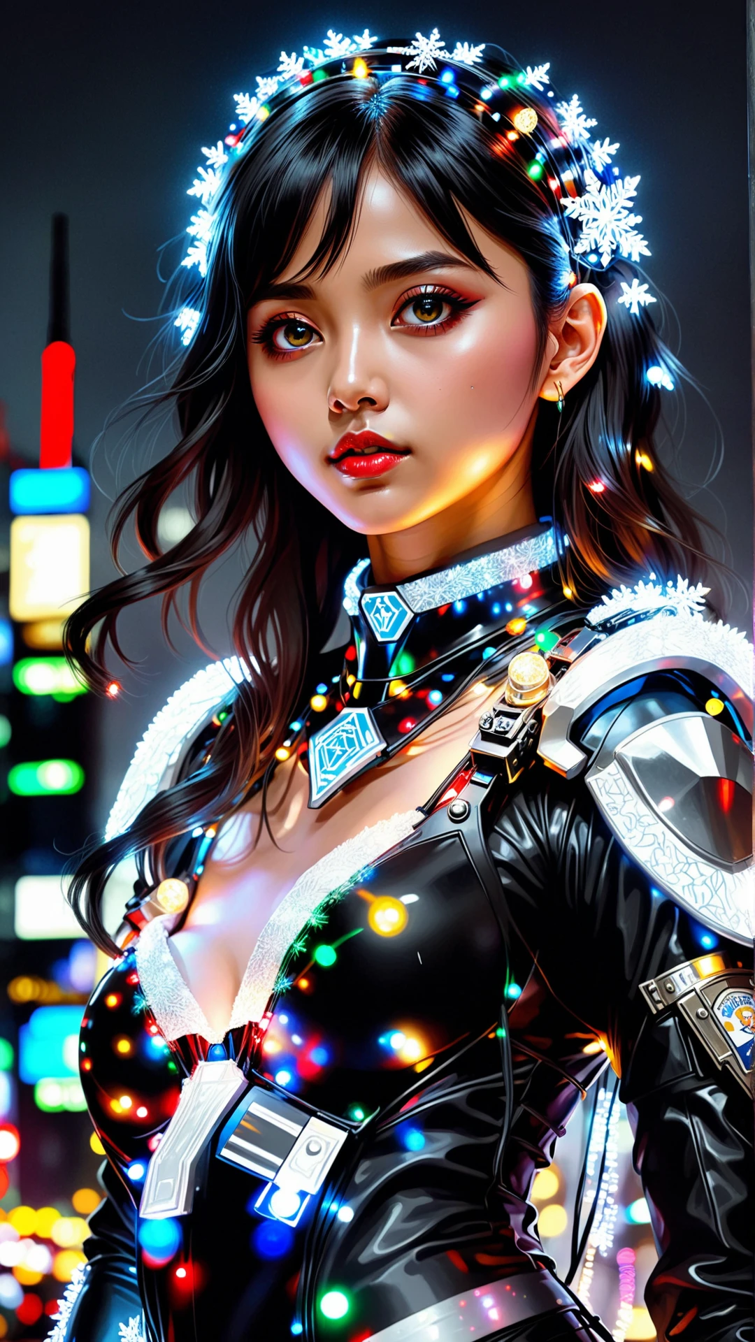 An image of a ChristmasLightsStyle portrait tzuyu from twice + black hair of futuristic female police, black armored uniform, at rooftop futuristic colorpunk tokyo rainy night, ssci - fi and fantasy, intricate and very very very beautiful, highly detailed, digital painting, artstation, concept art, smooth and sharp focus, illustration, art by tian zi and wlop and alphonse mucha. Covered in  christmas lights, <lora:ChristmasLightsStyleSDXL:0.7>