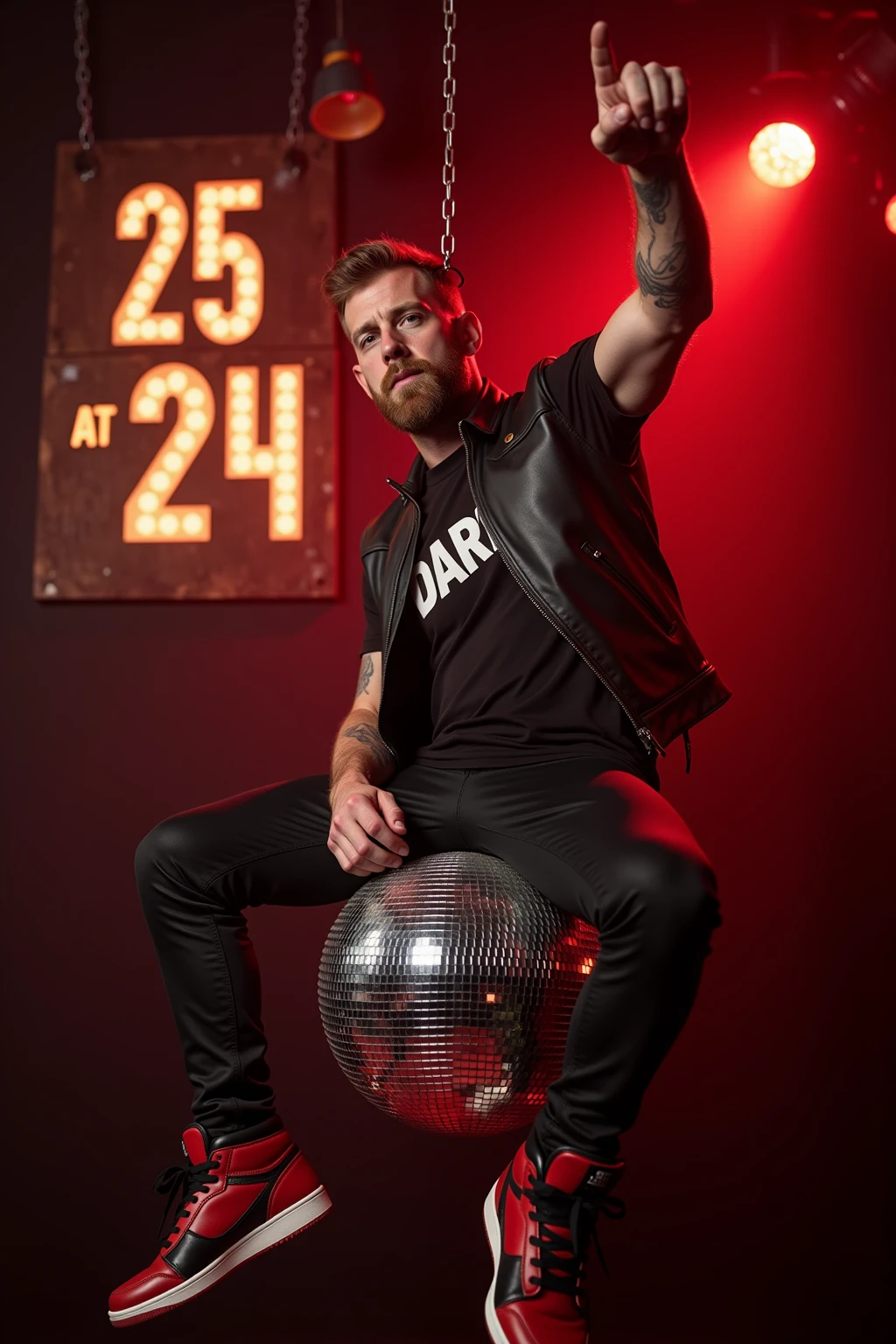 high quality fashion photography, dynamic lighting, a rugged handsome hairy man riding a disco ball sign says "25 at 24", bulge in pants, high quality, crew cut hair, beard, darkred, black leather vest and pants, dark red rave lights, ginger, rugged, 3mm, fashion photography, armpit, red and black leather sneakers, hanging from bar, red lights, pointing at viewer, DARE shirt, erect penis covered in powder sugar