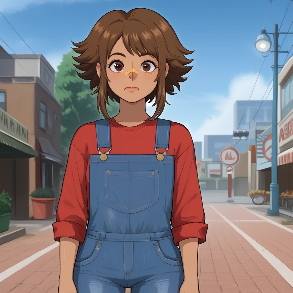 <lora:Catherine_Portillo_-_Until_Then:1>Cathy,1girl,brown hair,brown eyes,bandaid on nose, <lora:AfrobullLycoXL:0.8>red shirt,denim overalls,Fair brown skin, <lora:Detail_background:1>urban area