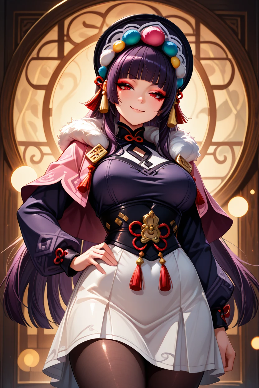 masterpiece, best quality, solo, curvy, beautiful eyes,,<lora:YunjinGenshinIXL:1.0>, zzYunjin, red eyes, red eyeshadow, black hair, hair ornament, long hair, purple hair, eyeshadow, blunt bangs, bonnet, long sleeves, dress, capelet, fur trim, makeup, pink capelet, white skirt, pantyhose,  cowboy shot, hand on hip, smug, smile, looking at viewer, shiny skin,<lora:RealisticAnimeIXL_v2:0.6>, shiny skin, bokeh, luminescent background,