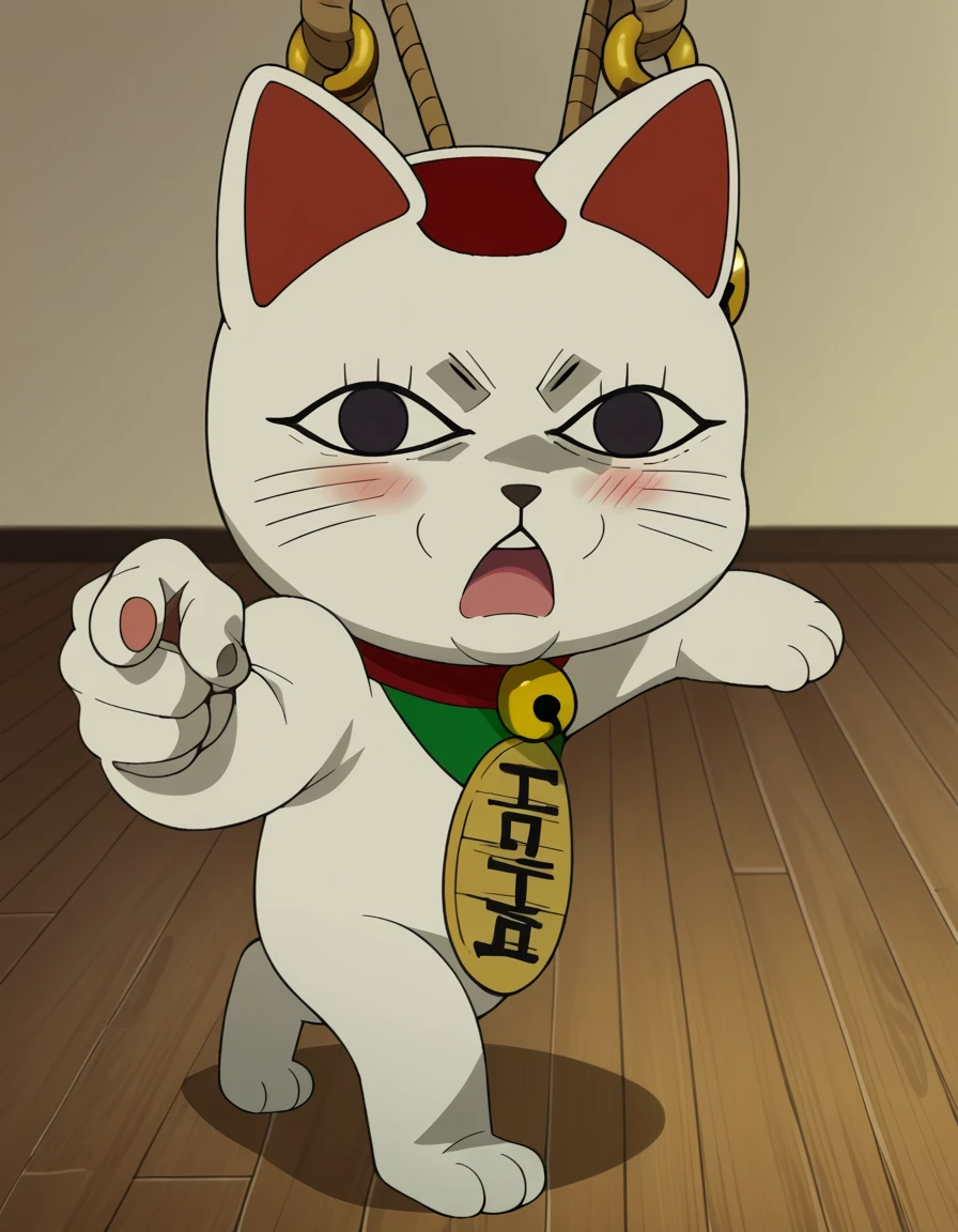 score_9, score_8_up, score_7_up, source_anime, <lora:turbo-granny-s1-ponyxl-lora-nochekaiser:1>, turbo granny, animal ears, cat ears, black eyes, no humans, cat, furry, animal focus, white fur, whiskers, maneki-neko, anime screencap,, collar, bell, neck bell, coin,, rope bridge, wood, rope, suspension, height, , <lora:jotaro-kujo-pose-ponyxl-lora-nochekaiser:1>, jotaro kujo pose, kujo jotaro's pose (jojo), jojo pose, pointing, pointing at viewer, blush, open mouth, bed room,, cowboy shot, looking at viewer, solo,, dutch angle, cowboy shot