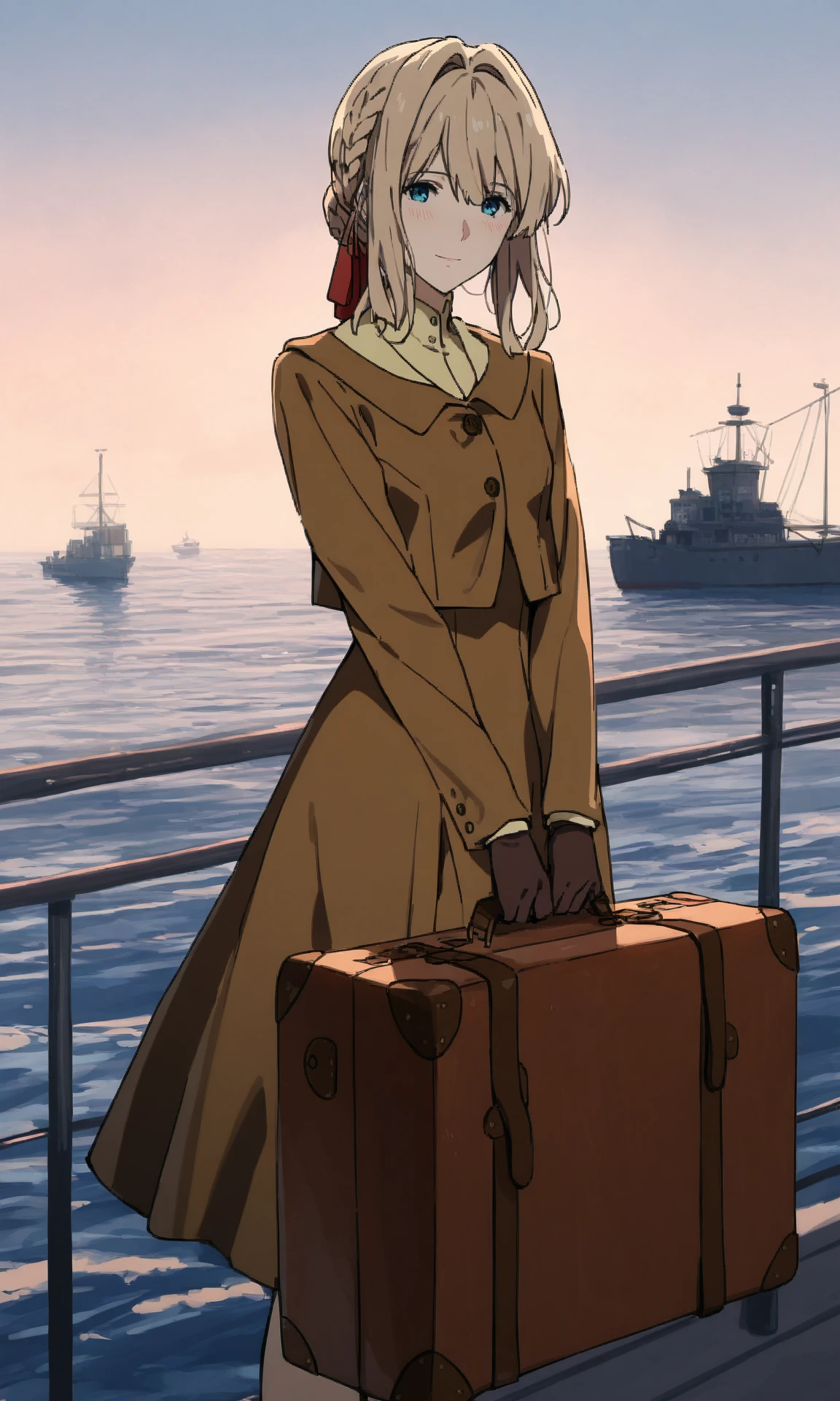 (schooloutfit:1.4), 1girl, blue eyes, defaulthaircut, blonde hair, braid, medium hair, hair ribbon, red ribbon, hair intakes, hair bun, looking at viewer, light smile, blush, collared shirt, brown jacket, brown gloves, cropped jacket, long sleeves, brown dress, mature female, sea, ship, railing, outside, suitcase, v arms, holding suitcase, standing, full body, feet out of frame, (skinny:1), (masterpiece, best quality, very awa:1.2), painting \(medium\)