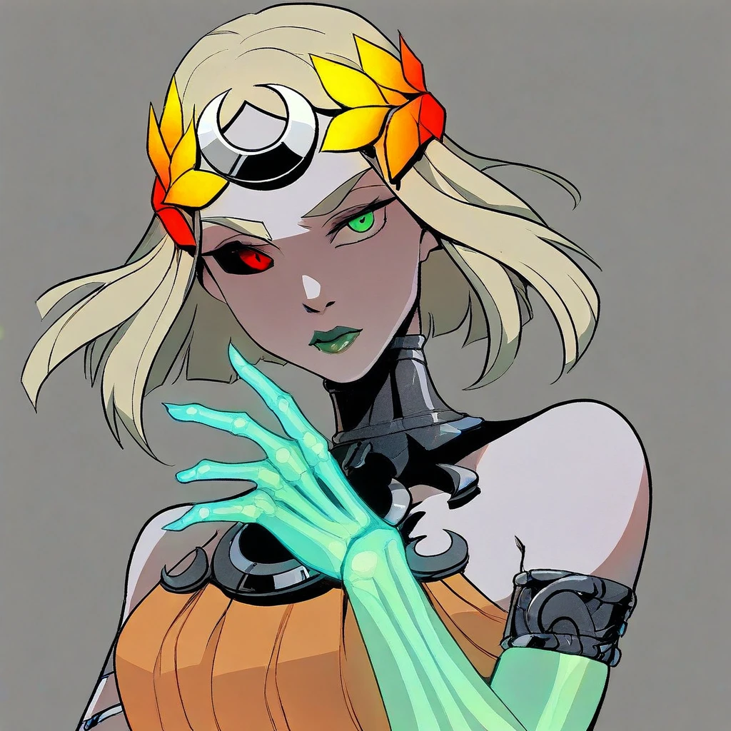 masterpiece, best quality, newest, absurdres, highres, 1girl, solo, melinoeehades-IL.V1.0, melinoe, green lips, hair ornament, laurel crown, heterochromia, green eyes, red eyes, mismatched sclera, black sclera,single elbow glove, skeletal arm