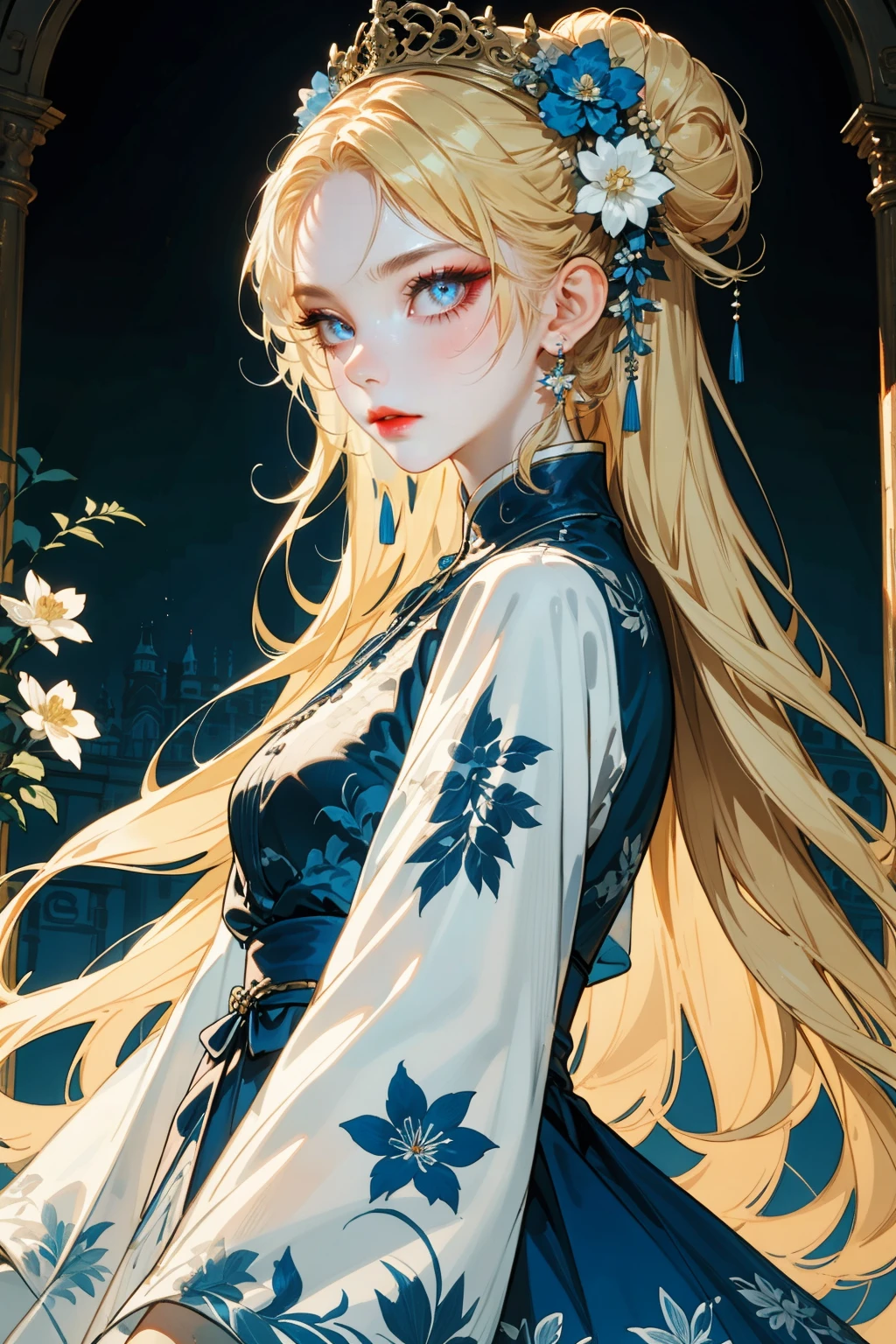 hezi,brilliant color,brush texture,beauty,1girl,flower,hair flower,hair ornament,solo,long hair,blonde hair,long sleeves,blue eyes,looking at viewer,blue flower,dress,indoors,jewelry,earrings,night,from side,white flower,upper body,floral print,tiara,blue ribbon,animal print,closed mouth,hair bun,ribbon,cowboy shot,red lips,window,wide sleeves,makeup,chinese clothes,<lora:çº¯å½©ç»ä¸½è´¨æ-000016:0.65>,