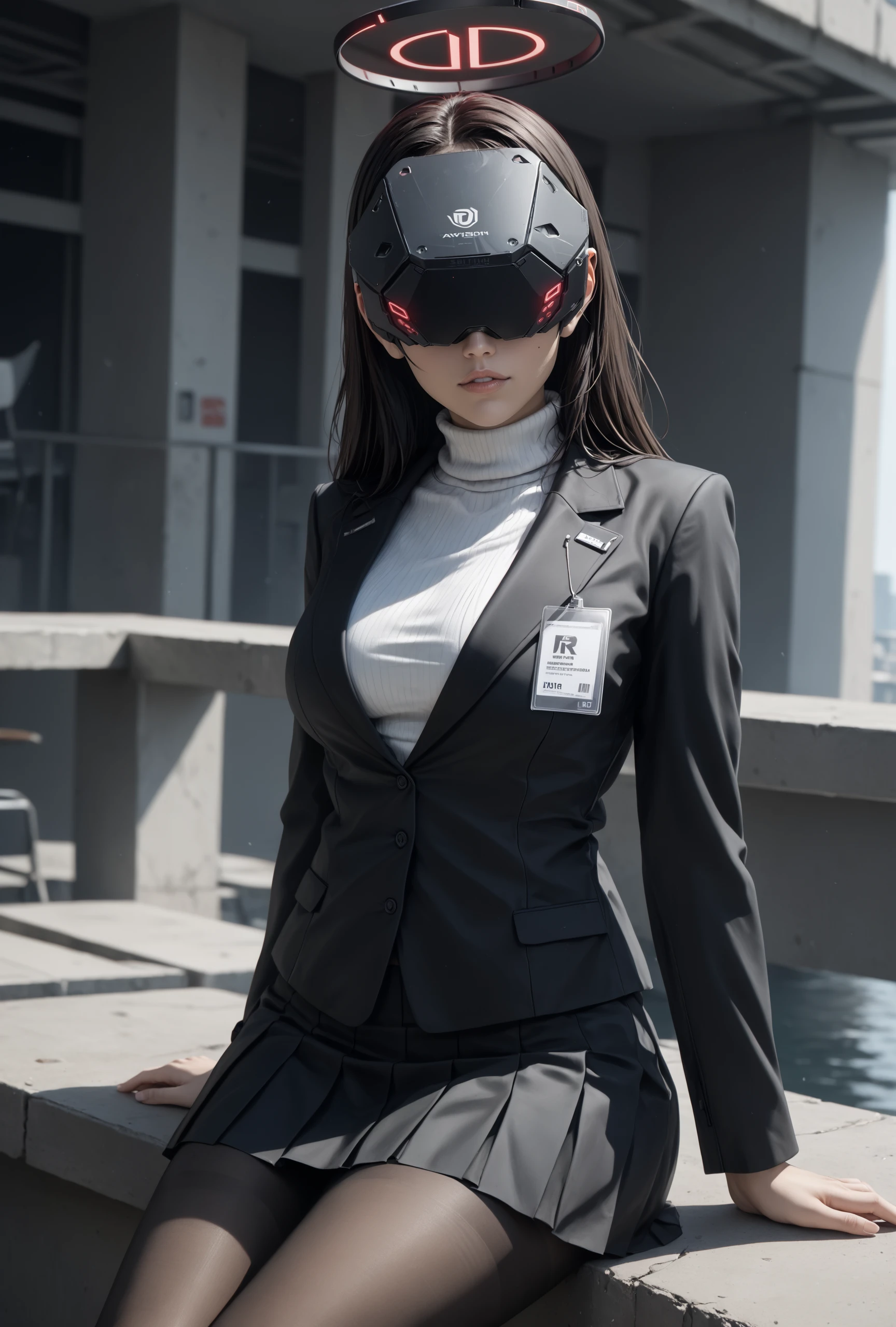 score_9, score_8_up, score_7_up, 1girl, sitting, rioba,science fiction, stdt0001, (helmet), vr headset, covered eyes, (black hair:0.7), black jacket, white turtleneck, black skirt, halo, dutch angle, cowboy shot, parted lips, head tilt, id card, black skirt, pantyhose <lora:visormask_spda-000004:1.0> <lora:Hoseki_BlueArchive_Rio_PDXL_v1:0.7>