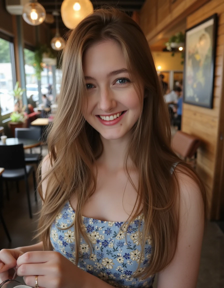 This is an image of S0PH14, a beautiful detailed photograph, hair cascading, makeup, wearing casual clothes, standing in a cafe looking at the viewer, smiling, showing her teeth.