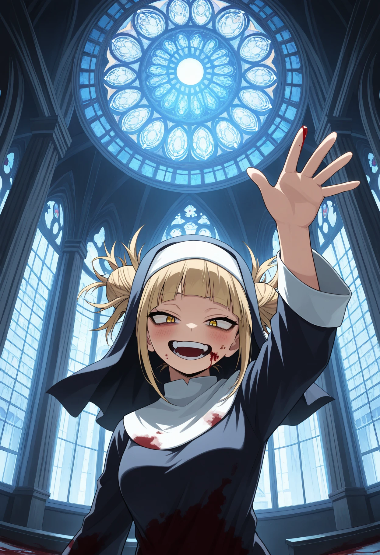 1girl, solo, toga himiko, boku no hero academia, nun, blonde hair, blue eyes, (blood stain on face), (brood stain on clothes),
evil smile, open mouth, waving arm,
(fisheye:1.4), upper body,
cathedral,
general, masterpiece, best quality, very aesthetic, absurdres, perfect lighting, scenery, volumetric lighting, anime coloring,