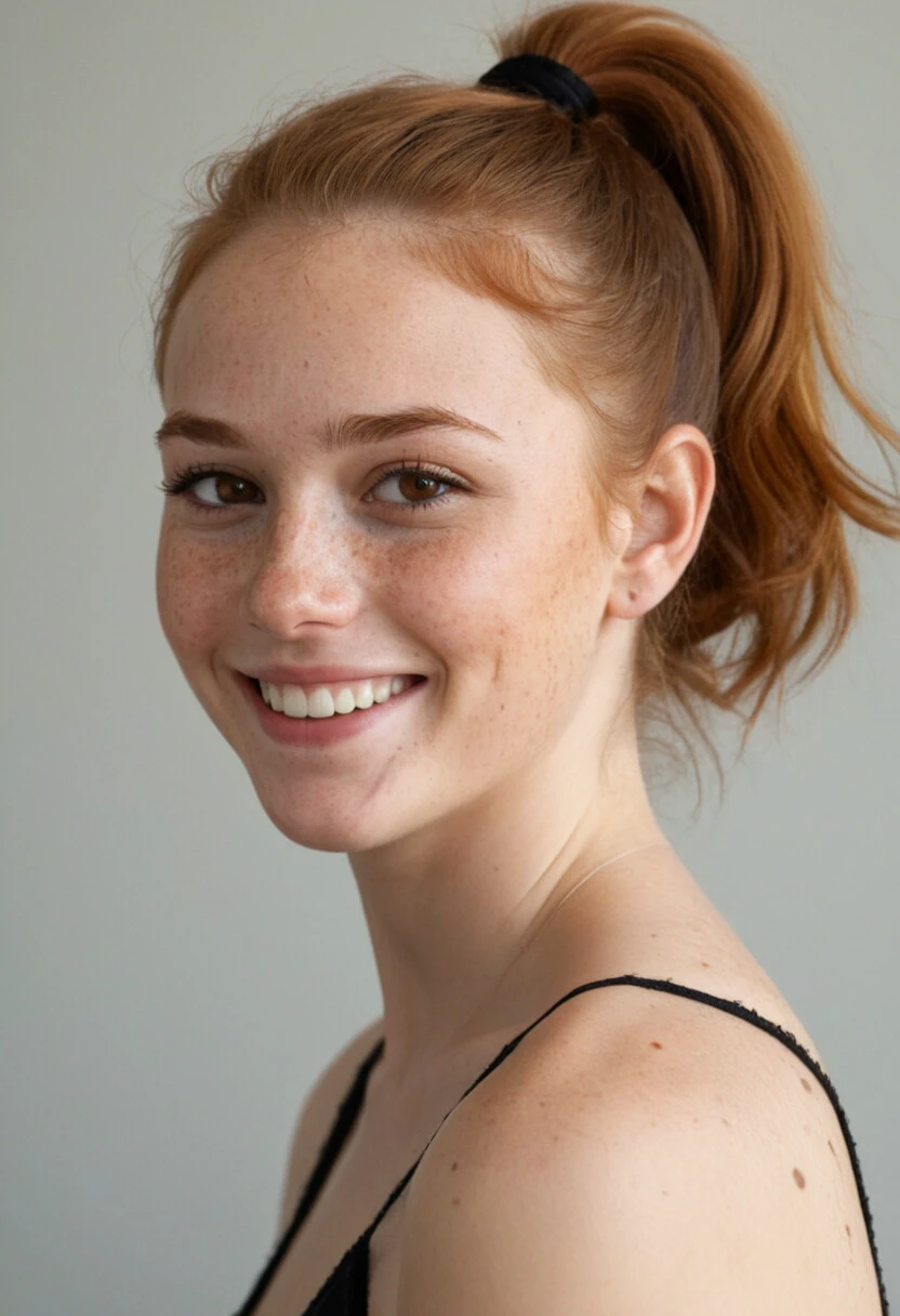 beautiful lady, (freckles), big smile, brown hazel eyes, Ponytail, dark makeup, hyperdetailed photography, soft light, head and shoulders portrait, cover