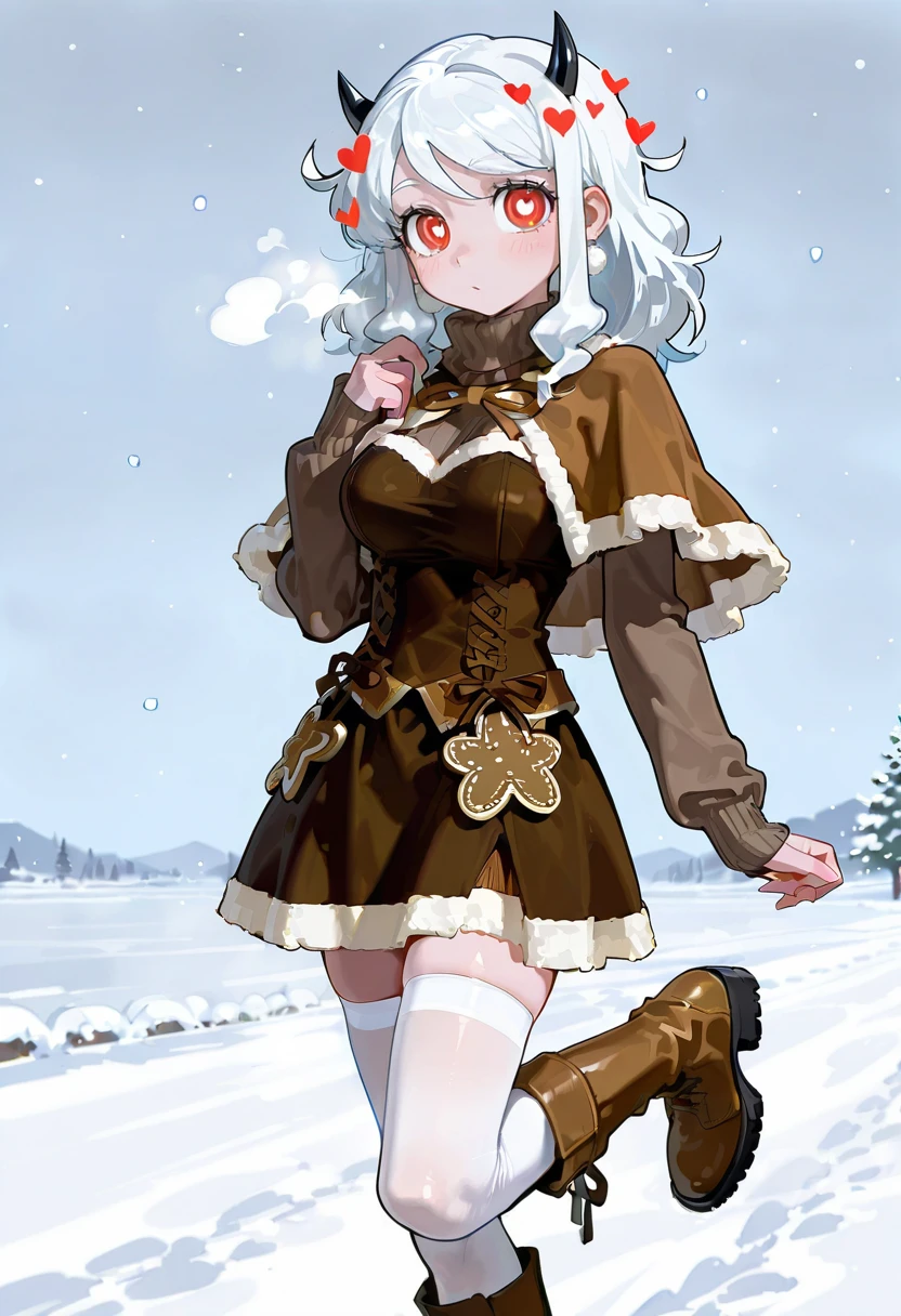 winter spice dress,brown capelet,1girl,solo,snow,snowing,modeus_(helltaker), boots, heart, white thighhighs,sweater,