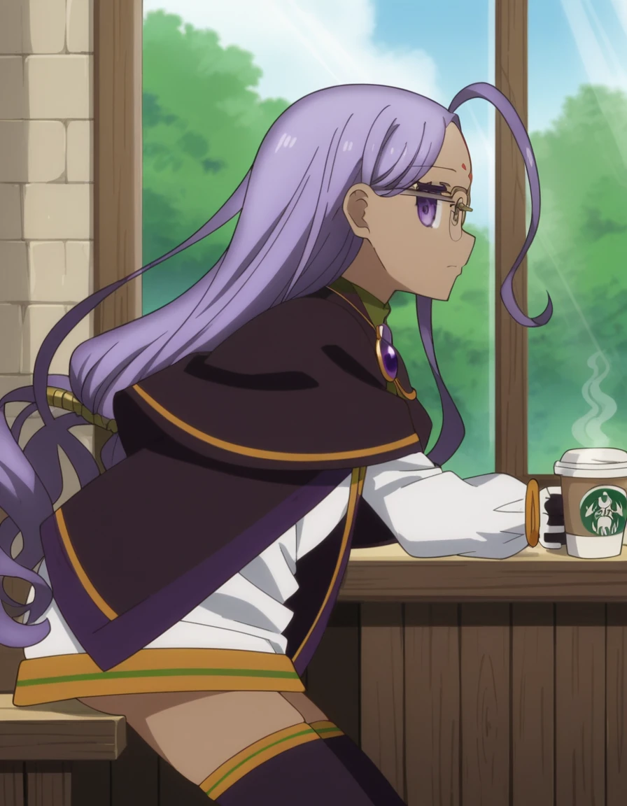 score_9, score_8_up, score_7_up, source_anime, <lora:rani-viii-extra-s1-ponyxl-lora-nochekaiser:1>, rani viii, long hair, very long hair, purple eyes, purple hair, ahoge, glasses, dark skin, dark-skinned female, facial mark, forehead mark, anime screencap,, thighhighs, gloves, capelet, robe, long sleeves,, cafe, coffee cup, barista, sitting down, talking, relaxing, sunlight through window, , hands behind back, bent over,, looking at viewer, solo,, dutch angle, cowboy shot