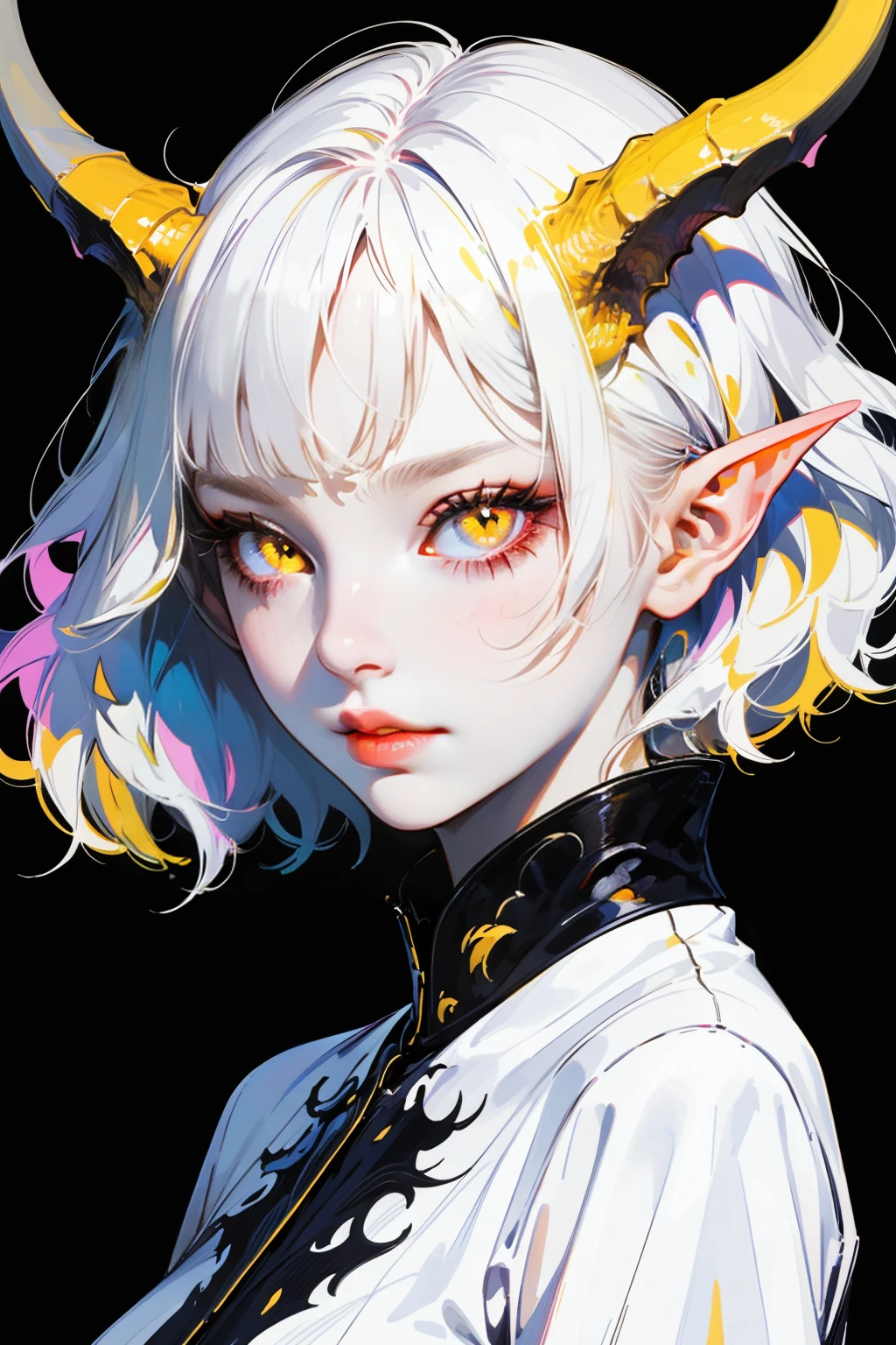 hezi, brilliant color, brush texture, beauty, 1girl, solo, horns, pointy ears, looking at viewer, white hair, short hair, closed mouth, yellow eyes, upper body, portrait, black background, lips, pink lips, medium hair, orange eyes, slit pupils,<lora:çº¯å½©ç»ä¸½è´¨æ-000016:0.65>,