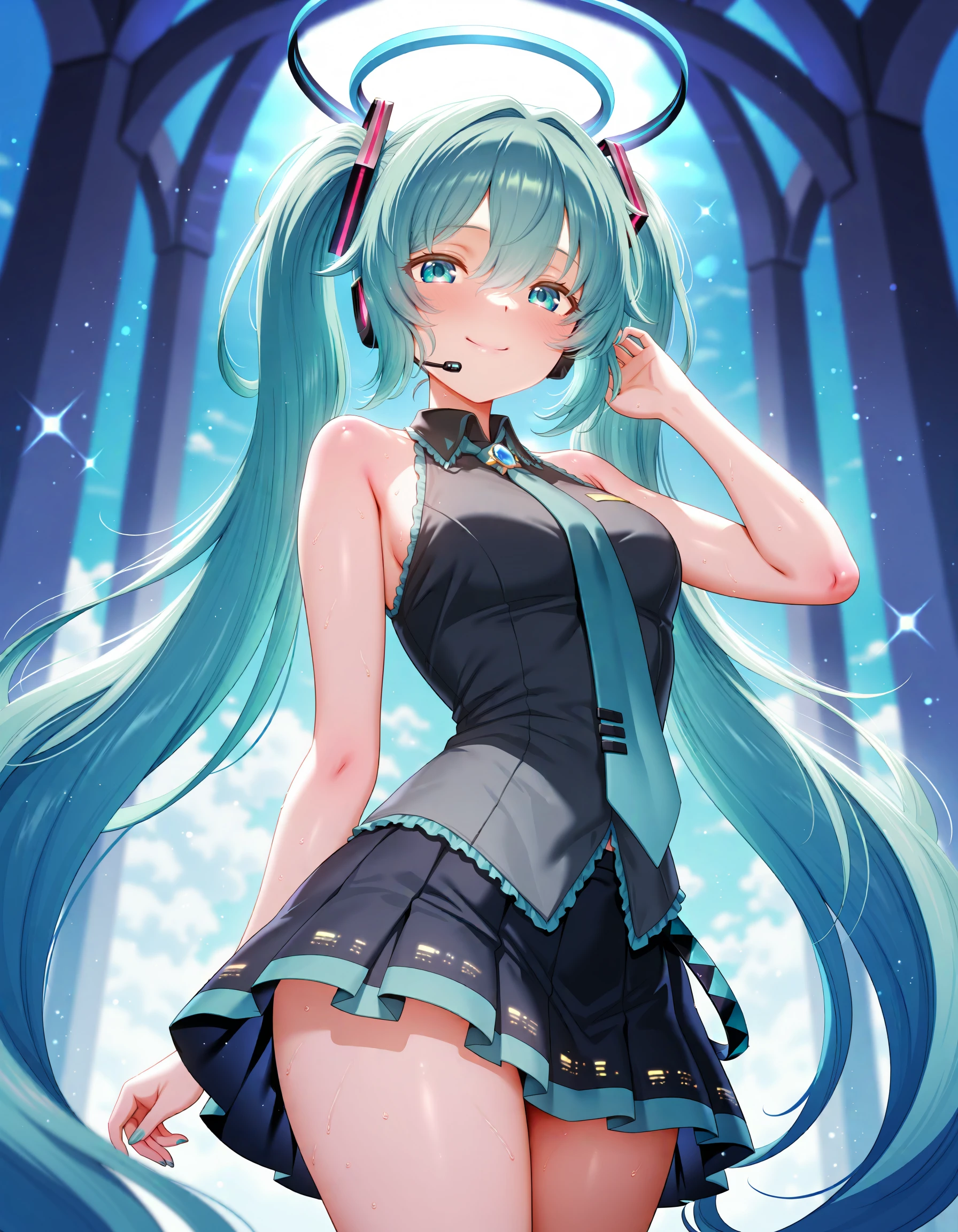 masterpiece, best quality, highres, year 2024, Mdastarou, girl, solo, hatsune miku, aqua hair, aqua eyes, twintails, necktie, skirt, pleated skirt, black shirt, bare shoulders, headset, smile, holding blue gem, sparkles, blue halo, mechanical halo, blue theme, from below, magia record: mahou shoujo madoka magica gaiden, 