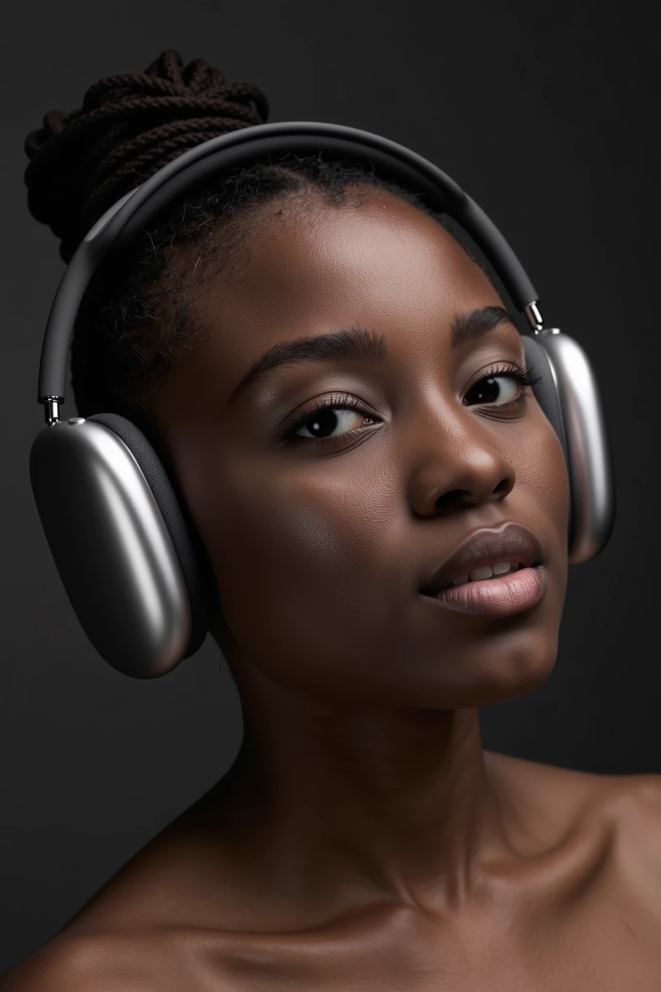 appleapm, a black girl wearing a pair of wireless sleek, modern over-ear headphones. she has a closed mouth and is looking at the camera. <lora:WirelessHeadphonesFlux:0.8>