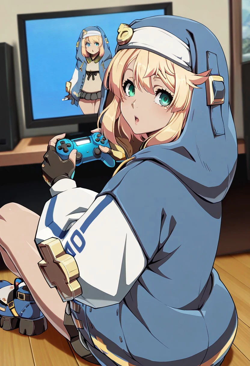 Bridget, 1girl, green eyes, blonde hair, hood, fingerless gloves, masterpiece, best quality, indoors, sitting down on the floor cross-legged, holding a blue gaming controller, :O, turning around, Guilty Gear Strive on TV screen, staring at viewer