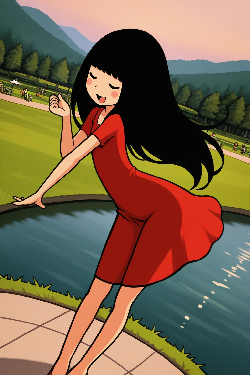 masterpiece, best quality, amazing quality, absurdres, solo, rhythmfevergirl, smile, dancing, open mouth, dutch angle, closed eyes, black hair, long hair, red dress, dot eyes, blush stickers, outdoors, park, lake, grass, stage