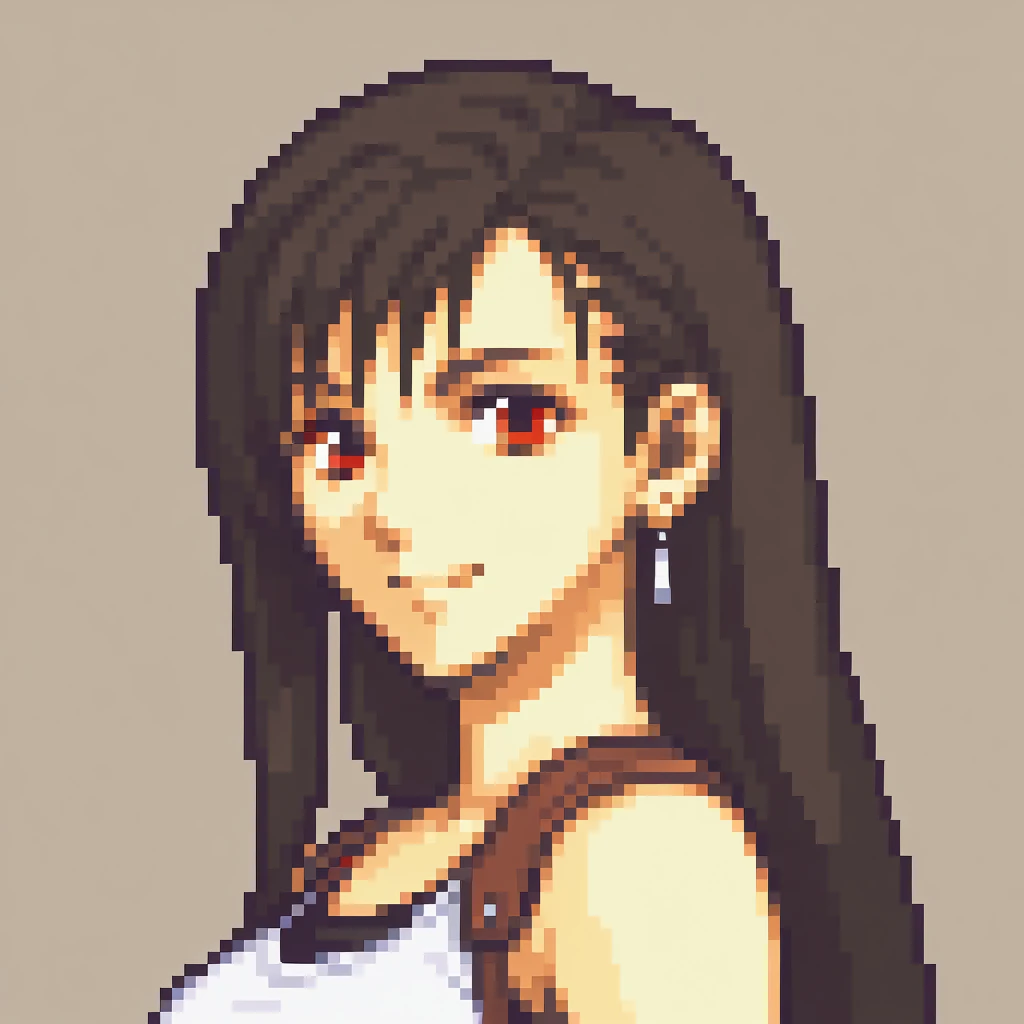 masterpiece, best quality, solo, 1girl, smile, looking at viewer,  <lora:FEGBA-PortraitsV2-illus_Fp:1>, portrait, pixel art, simple background, upper body, tifa lockhart,