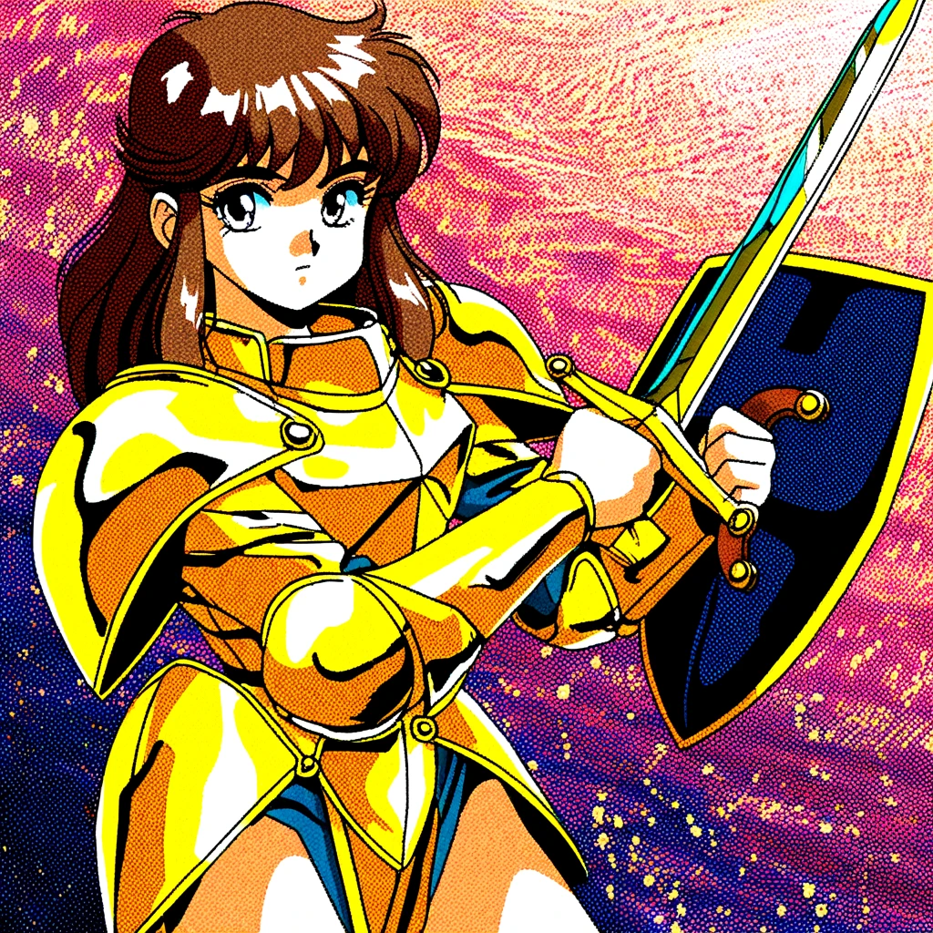 1990's PC, oekaki, retro_artstyle, 1990s_(style), oldfilm, halftone, (jaggy_lines:0.3), masterpiece, best quality, shield, brown_hair, holding_sword, gold armor, (detailed_face, detailed_eyes:1),, <lora:1990sPCstyle_IL_v4:0.3>