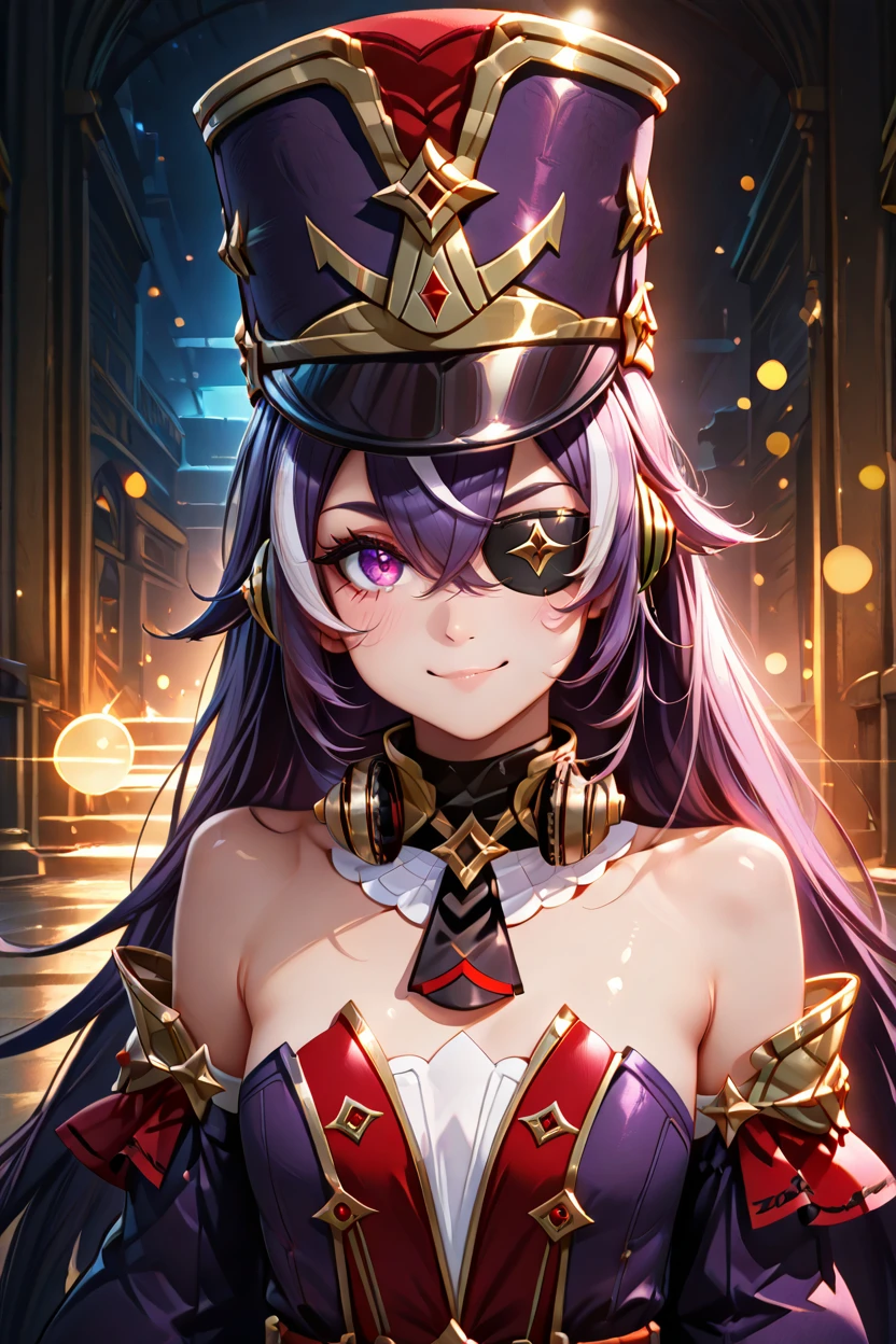 masterpiece, best quality, solo, curvy, beautiful eyes,,<lora:ChevreuseGenshinIXL:1.0>, zzChevreuse, purple eyes, hair between eyes, long hair, multicolored hair, purple hair, streaked hair, white hair, hat, earmuffs, eyepatch, bare shoulders, gold trim, white gloves, gloves, puffy detached sleeves, detached collar,   ,<lora:RealisticAnimeIXL_v2:1.0>, shiny skin, bokeh, luminescent background, upper body, smile, looking at viewer, shiny skin,