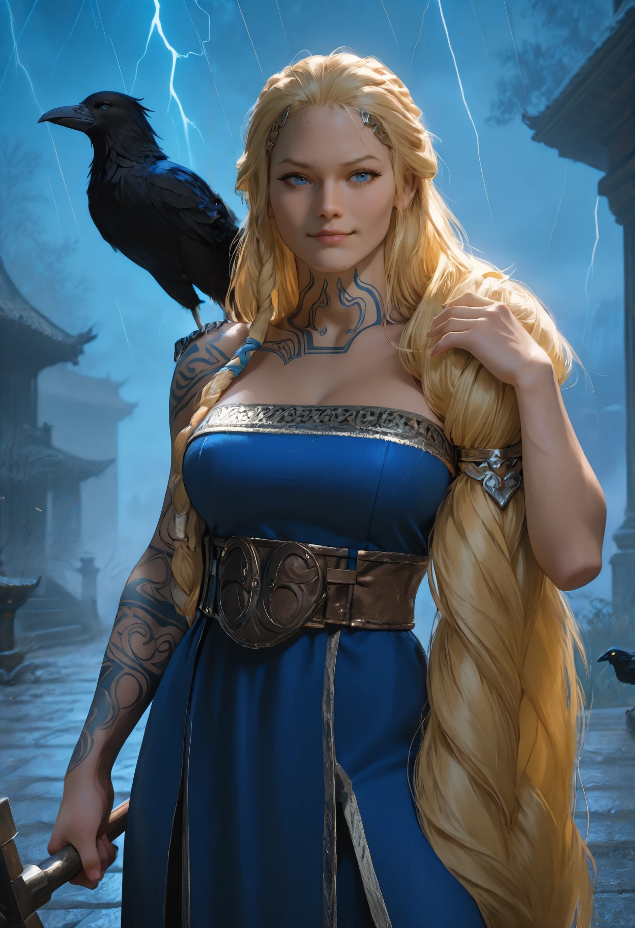 masterpiece, best quality, newest, absurdres, highres, realistic, photorealistic, thunder, dark, outdoors, night, closed mouth, 1girl, solo, gow_sif, blue eyes, single braid, very long hair, blonde hair, hair over shoulder, arm tattoo, neck tattoo, hair ornament, bare shoulders, strapless, collarbone, blue dress, long dress, gold trim, belt around waist, brown belt, looking at viewer, smug, toned, holding war hammer, cowboy shot, crow on shoulder, fighting stance <lora:gow_sif_Illustrious-000007:1>