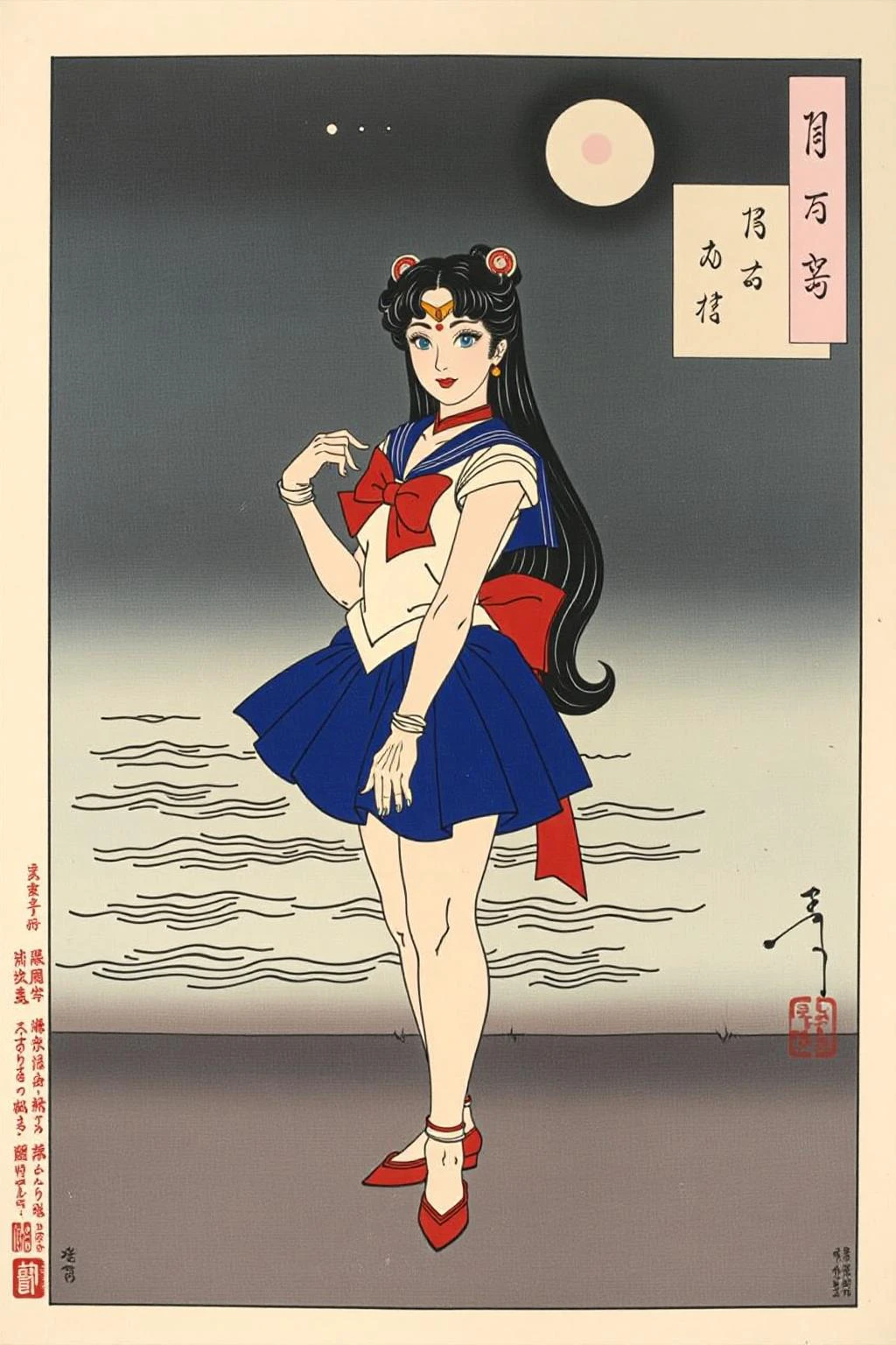 tsukioka1 Japanese woodblock print ukiyo-e. A scene of sailor moon posing with the moon behind <lora:schnell_v1.0:1.0> <lora:tsukioka_ukyo-e4_nocap_d8a4:1.0><lora:798026355766799736:0>