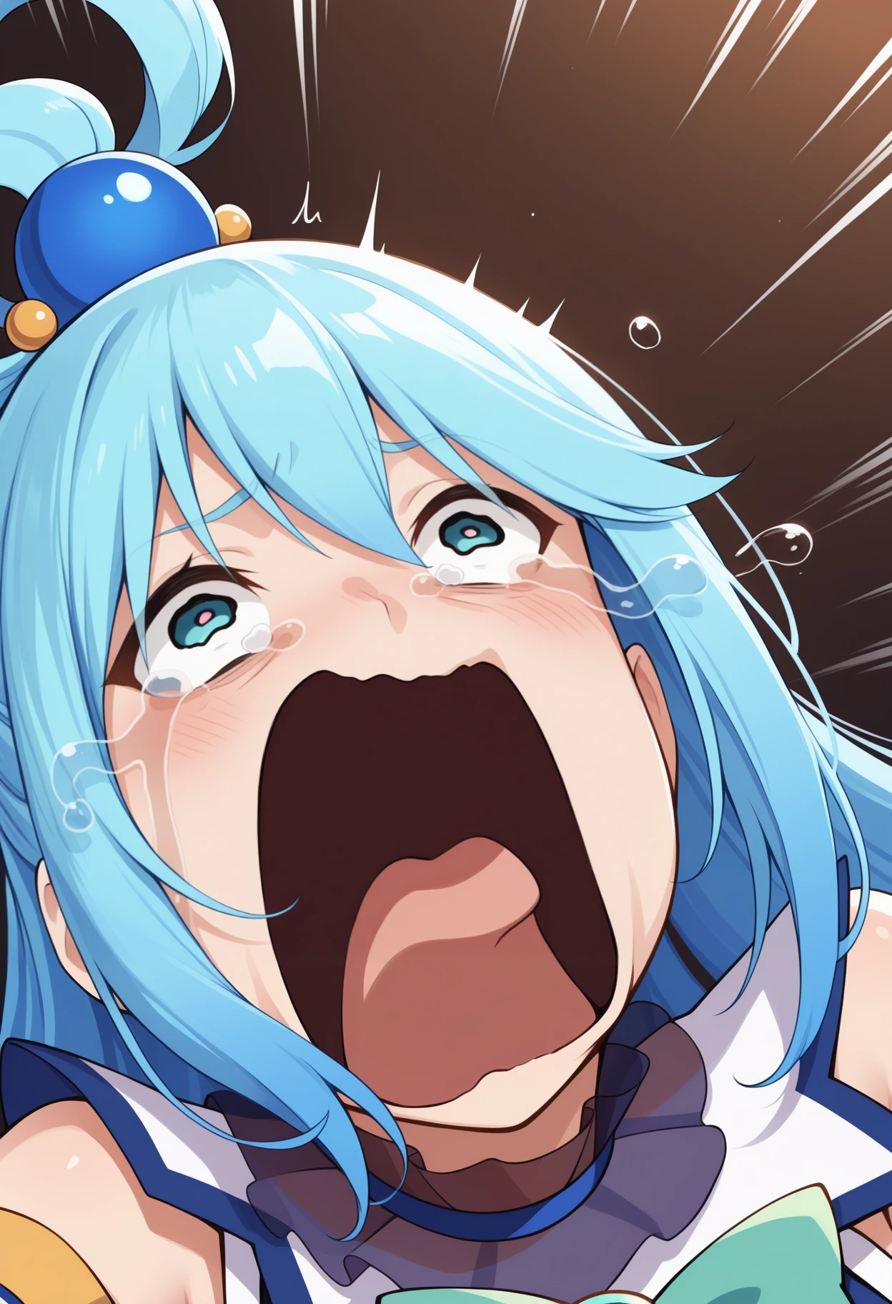 masterpiece, best quality, <break> solo, 1girl, aqua \(konosuba\), kono subarashii sekai ni shukufuku wo!, aquascreaming, screaming, open mouth, crying with eyes open, blue hair, hair rings, blue eyes
<segment:yolo-face_yolov8m.pt,0.4,0.5//cid=1>