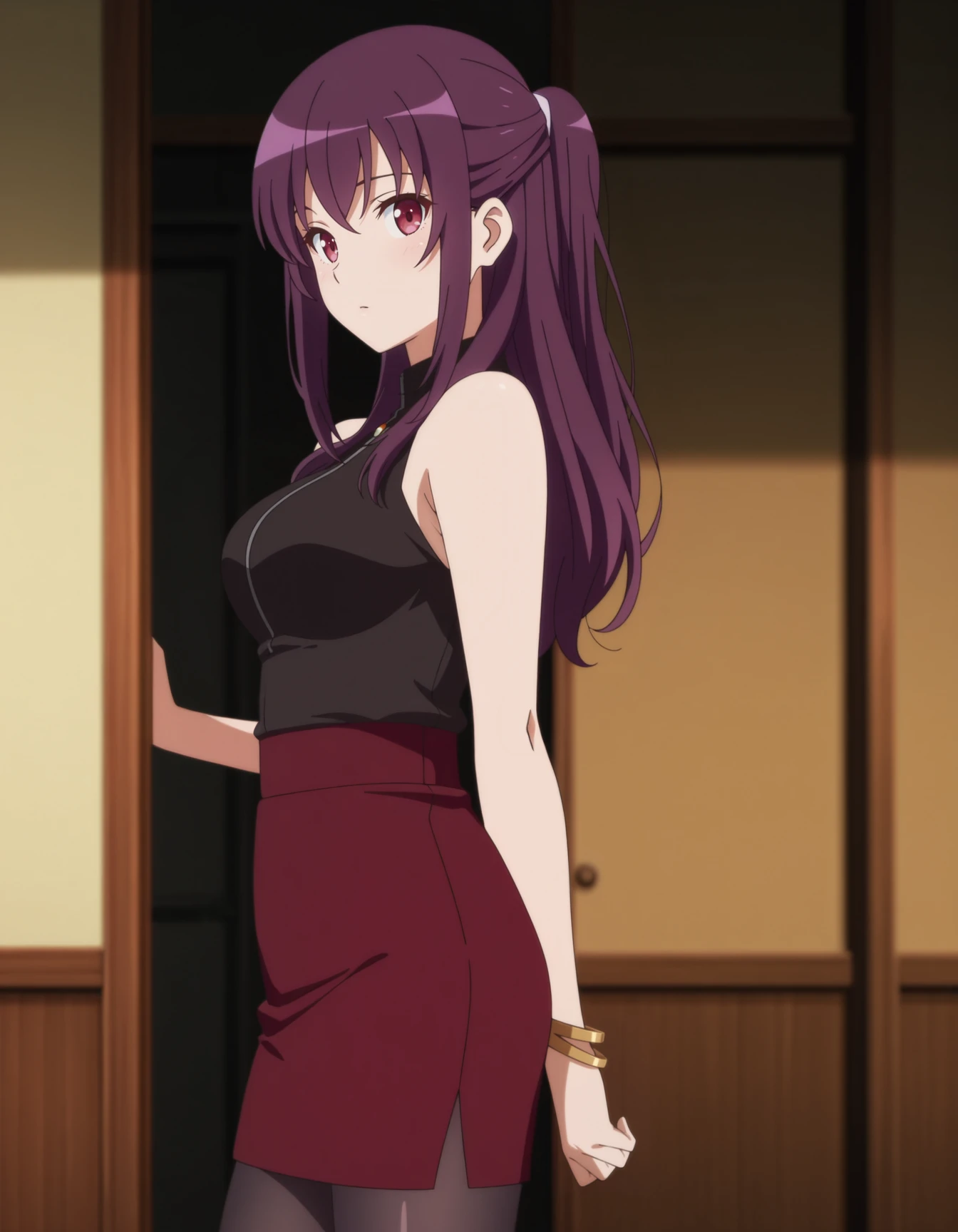 masterpiece,anime screencap,1girl, Akane <lora:IL-Akane:0.7>,long hair,sleeveless,red eyes,ponytail,sidelocks,purple hair,half updo,adult,bare shoulders, black sleeveless shirt, bracelet, Red-violet pencil skirt, black pantyhose
,cowboy shot, looking at viewer, depth of field,