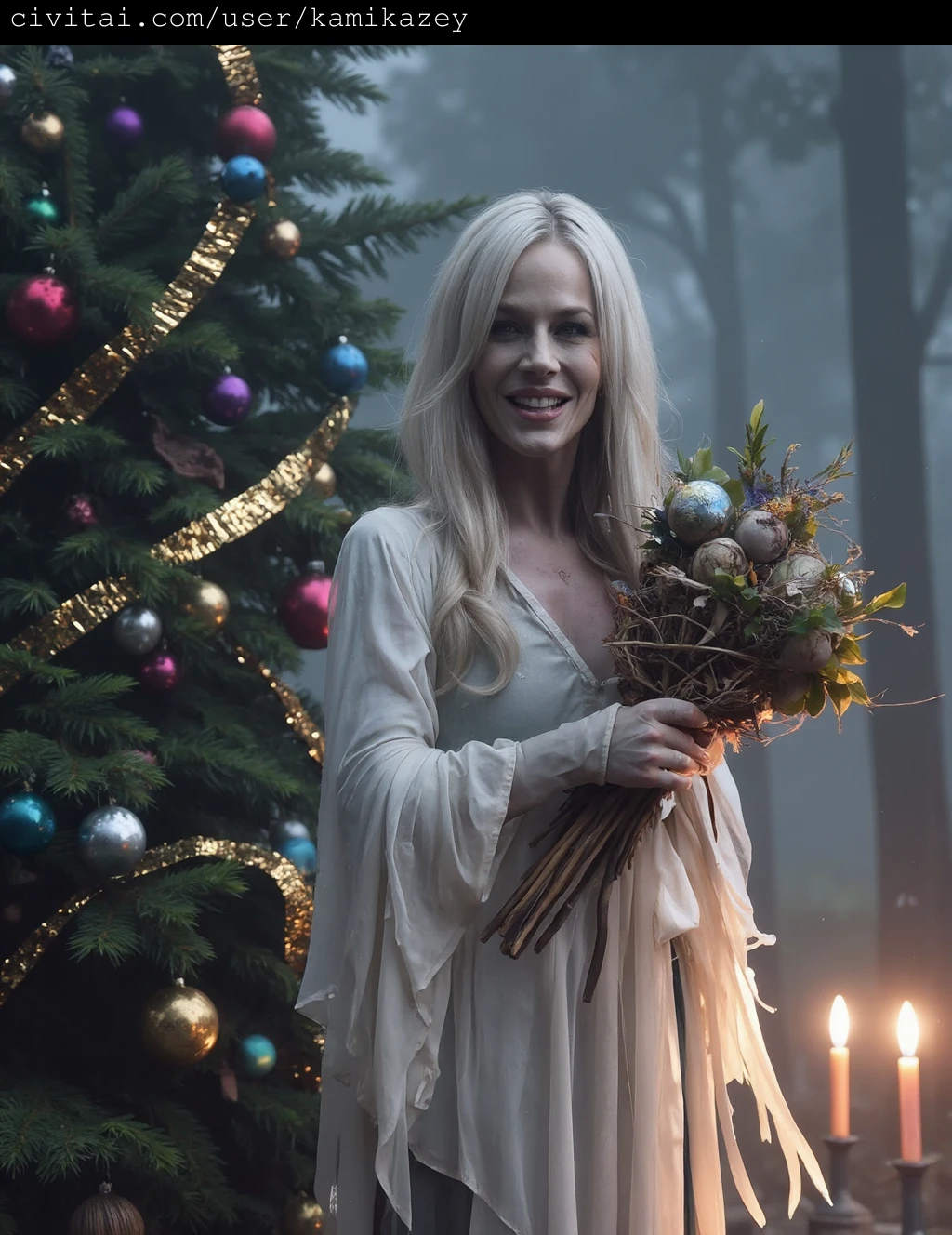 A professional, high quality close-up photography featuring a haunting, ghostly figure of julie_benz standing in a dense, foggy forest in front of a large Christmas tree decorated with colorful balls, tinsel and wax candles. julie_benz is draped in a flowing, ethereal white gown with long sleeves, her skin pale and ghostly, almost translucent. Her face is skeletal, with hollow eye sockets and a gaping mouth, and she wears a sinister, hollow smile. She has long, flowing white hair that cascades around her face, blending seamlessly into the fog that surrounds her. In her right hand, she holds a bouquet of dried flowers and twigs, adding to the eerie, macabre theme. The forest background is dark and foreboding, with tall, thin trees that are slightly bent and twisted, their branches reaching towards the sky. The candles of the christmas tree are the only light source in this pitch-black forest. The fog is thick and envelops the entire scene, creating a misty, dreamlike atmosphere. The overall color palette is dominated by shades of grey and blue, enhancing the eerie, supernatural feel. The illustration is highly detailed, with a realistic texture and lighting that adds to the haunting, surreal quality of the scene.