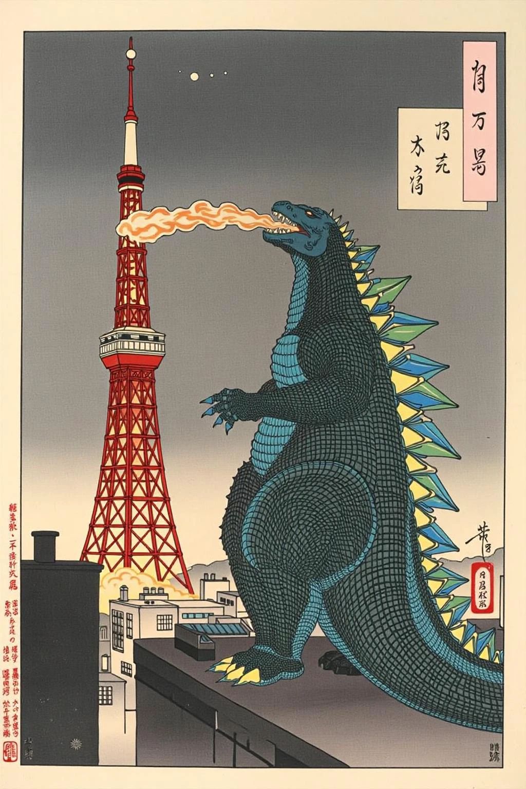 tsukioka1 Japanese woodblock print ukiyo-e. Godzilla standing beside Tokyo tower, breathing fire <lora:schnell_v1.0:1.0> <lora:tsukioka_ukyo-e4_nocap_d8a4:1.0><lora:798026415896342733:0>