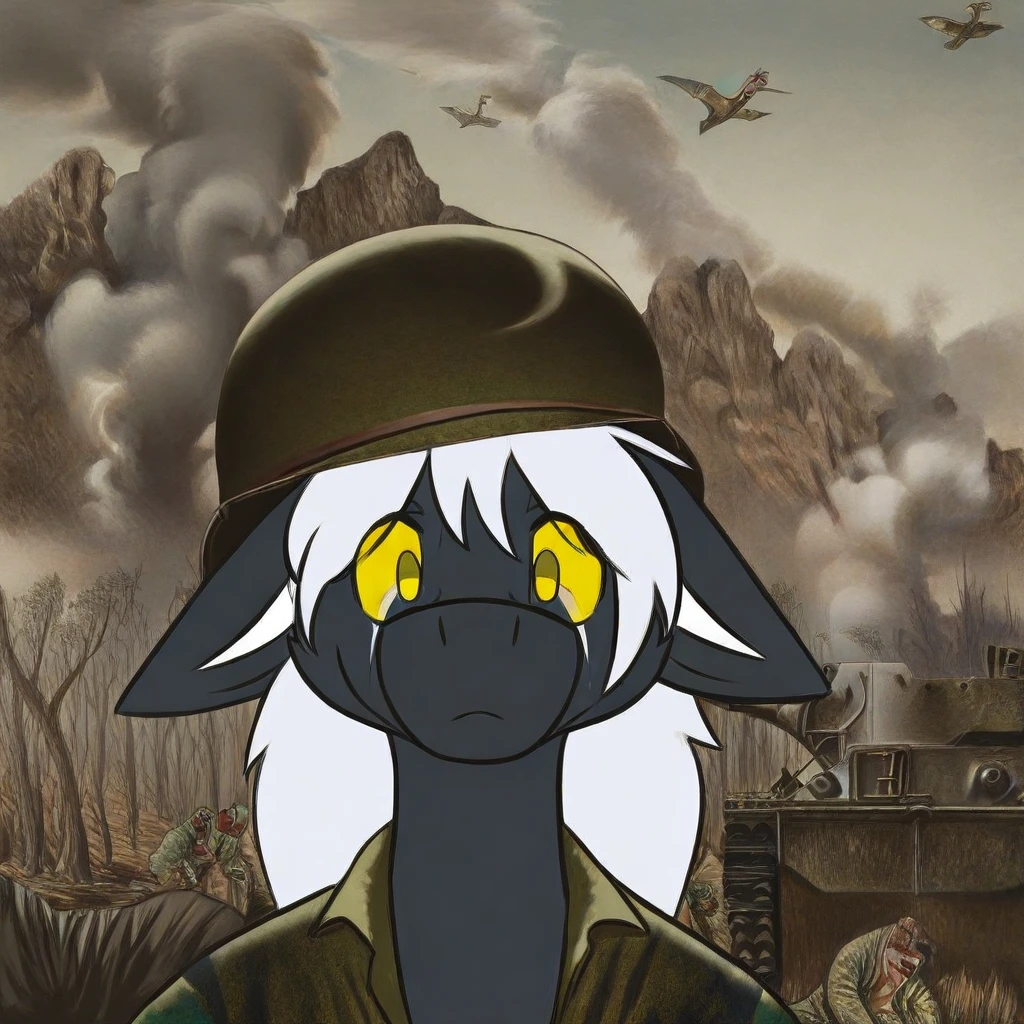 mikus-cooncept, military action in background, exhausted, shocked, looks at viewer, black fur, dragon, furry, white hair, white horns, yellow eyes