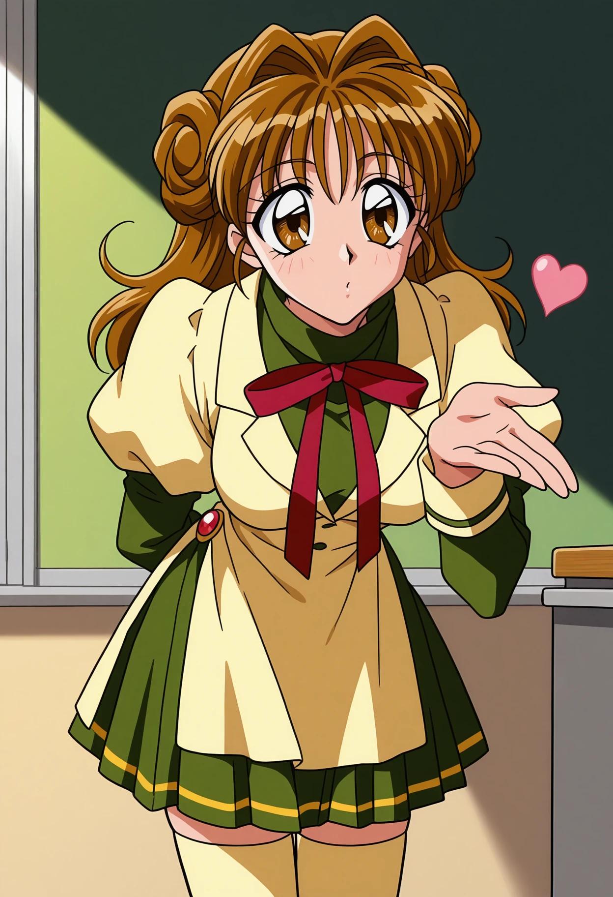 masterpiece,best quality,   kmaron, 1girl, solo, brown eyes, brown hair, double bun, hair intakes, school uniform,juliet sleeves, puffy sleeves, beige thighhighs, red ribbon, <lora:kmaron:1>, 1990s \(style\), classroom, blowing a kiss, hand behind back, leaning forward,  heart