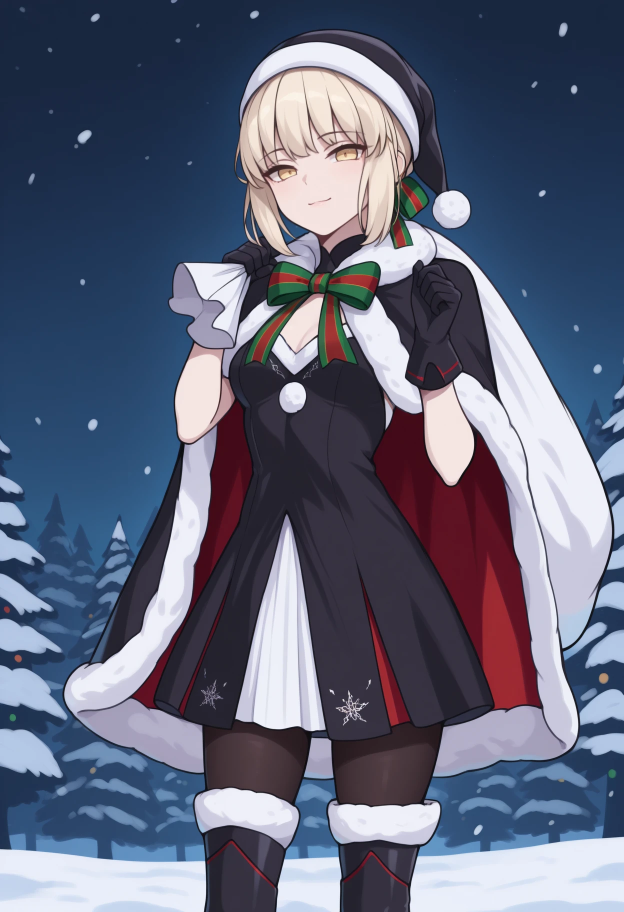 masterpiece, best quality, solo, 1girl, sbraltsanta, slight smile, looking at viewer, standing, holding sack, carrying over shoulder, short hair, blonde hair, hair ribbon, black headwear, santa hat, yellow eyes, fur trim, black cape, fur-trimmed cape, short dress, multicolored dress, black dress, white dress, striped bowtie, black gloves, black pantyhose, black footwear, thigh boots, fur-trimmed boots, outdoors, night, snowing, nature, star \(sky\)
<segment:yolo-Anzhc Face seg 640 v2 y8n.pt,0.4,0.5//cid=1>