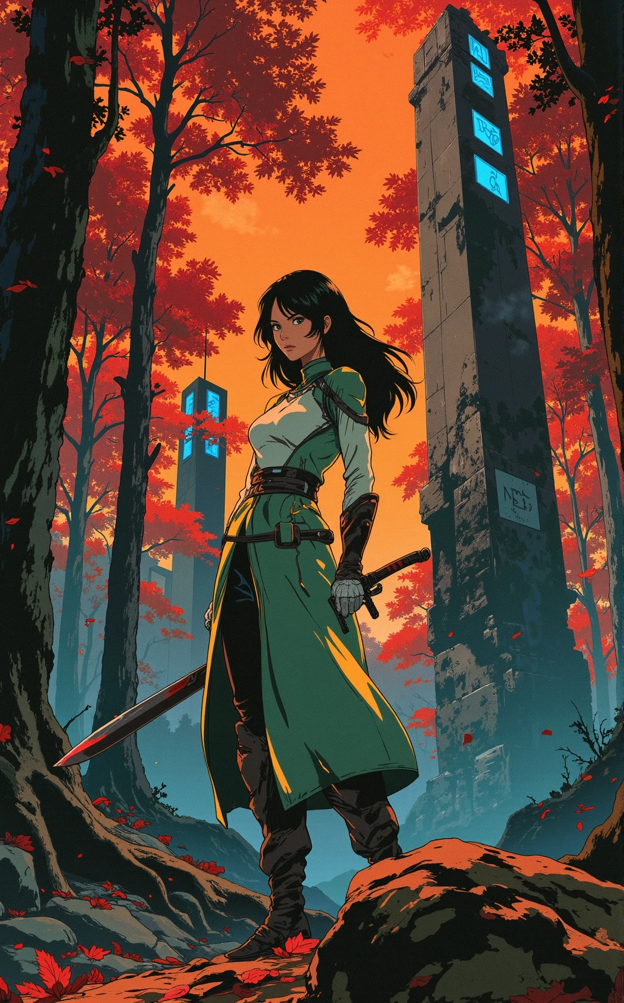 anime, retro, Off-center composition, wide-angle with subject facing away, The image is a digital illustration of a woman standing in a forest. She is wearing a futuristic-looking outfit with a green and white color scheme. The outfit has a high neckline and long sleeves, and she is holding a sword in her right hand. Her left hand is raised in the air, as if she is ready for battle. The woman has long dark hair that is styled in loose waves. She has a fierce expression on her face. The background of the image is filled with tall trees with red and orange leaves, creating a vibrant and eerie atmosphere. The trees are covered in fallen leaves, and there is a large rock formation in the foreground. In the background, there are two tall pillars with blue and white signs on them. The sky is a deep orange color, with a few wispy clouds. The overall mood of the illustration is dark and mysterious., dark and dim light, anime artwork comic dark art by Briana Mora, fantasy art by Makoto Shinkhai, , 2D flat anime, spiritual themes, colorful, picturesque landscapes, Figurative art, bold colors, emotional expression . graphic illustration, comic art, graphic novel art, vibrant, highly detailed . anime style, key visual, vibrant, studio anime, highly detailed