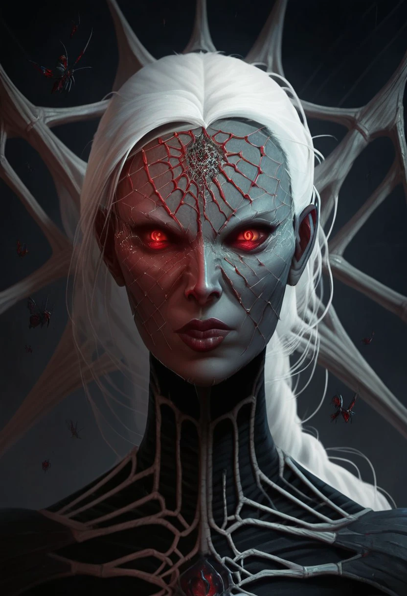 score_9, score_8_up, score_7_up, score_6_up,  
lo0thqu33n0fsp1d3rs, lolthqueenofspiders, lolth queen of spiders, red eyes, 1girl, solo, white hair, spider web, looking at viewer, silk, portrait, colored skin, long hair, grey skin, glowing eyes, bug, spider, closed mouth, braid