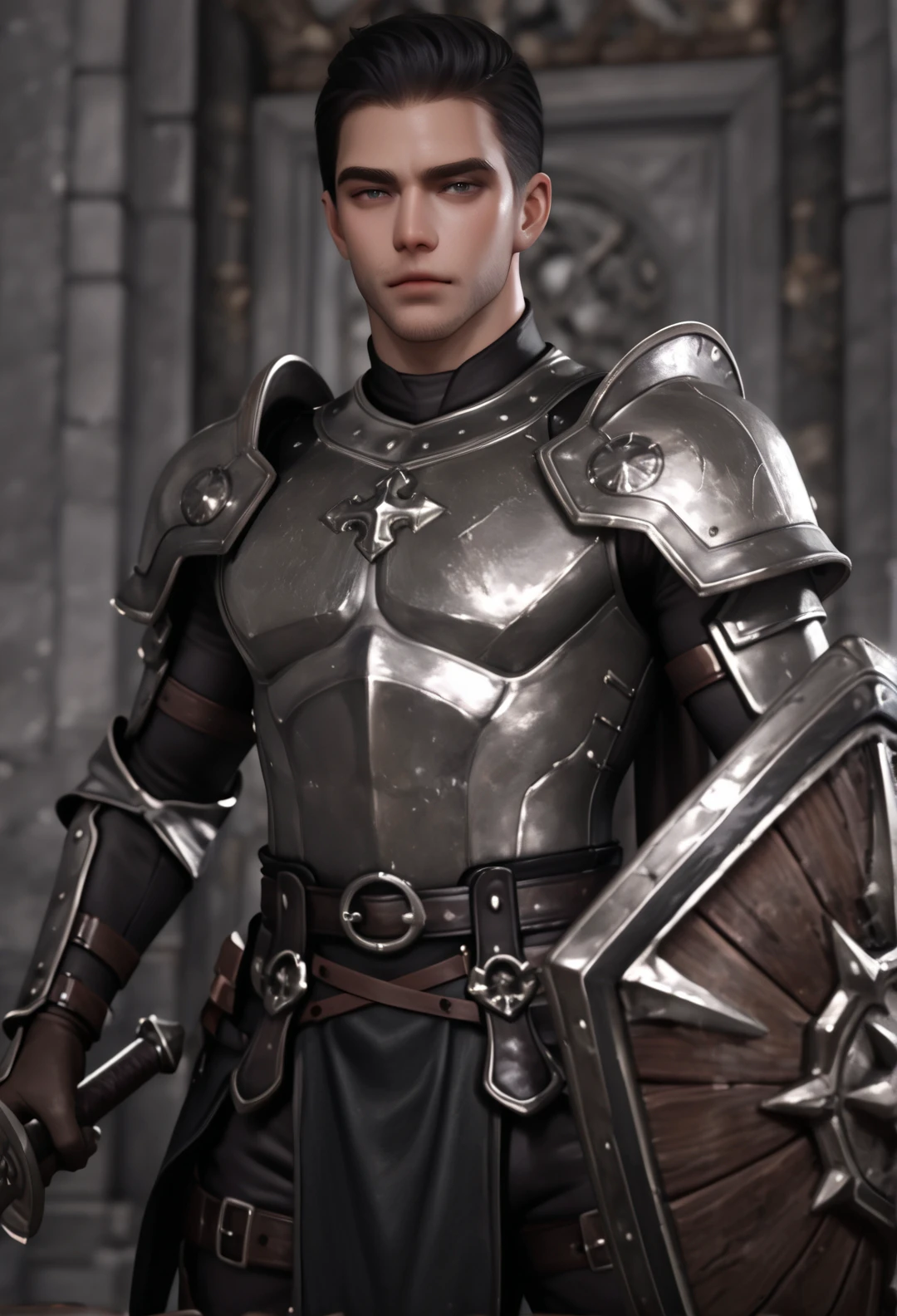 masterpiece,best quality,very aesthetic,highres,absurdres, 3D,    1boy, black hair, dovahkiin armor, holding_sword, holding shield,