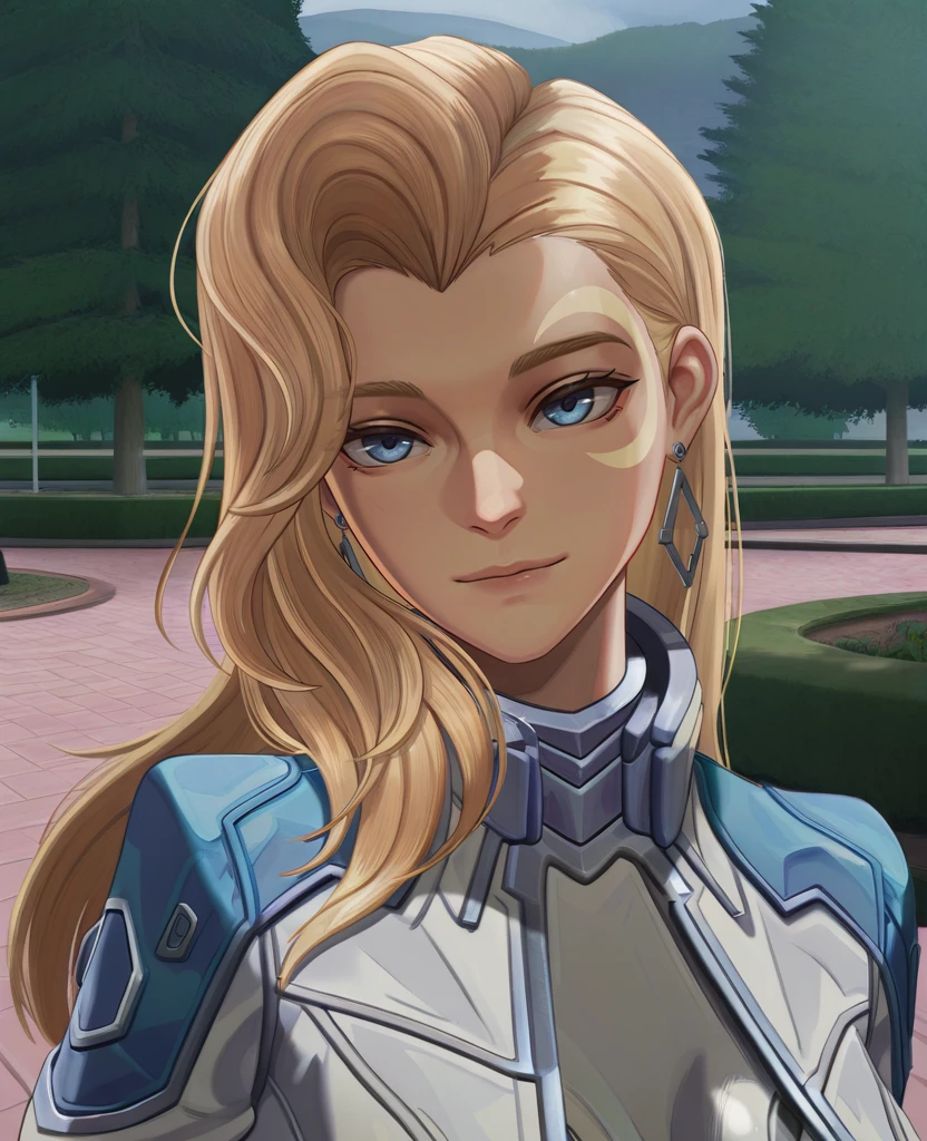 masterpiece, best quality, amazing quality, highres, absurdres, intricate detail, scenery, outdoors, park, cinematic,  <lora:Dagger_ILLUS-000012:0.8>, solo, dg1, 1girl, blonde hair, long hair, blue eyes, facial mark, earrings, bodysuit, jacket, open jacket, dynamic pose,portrait, close up, light smile, head tilt,