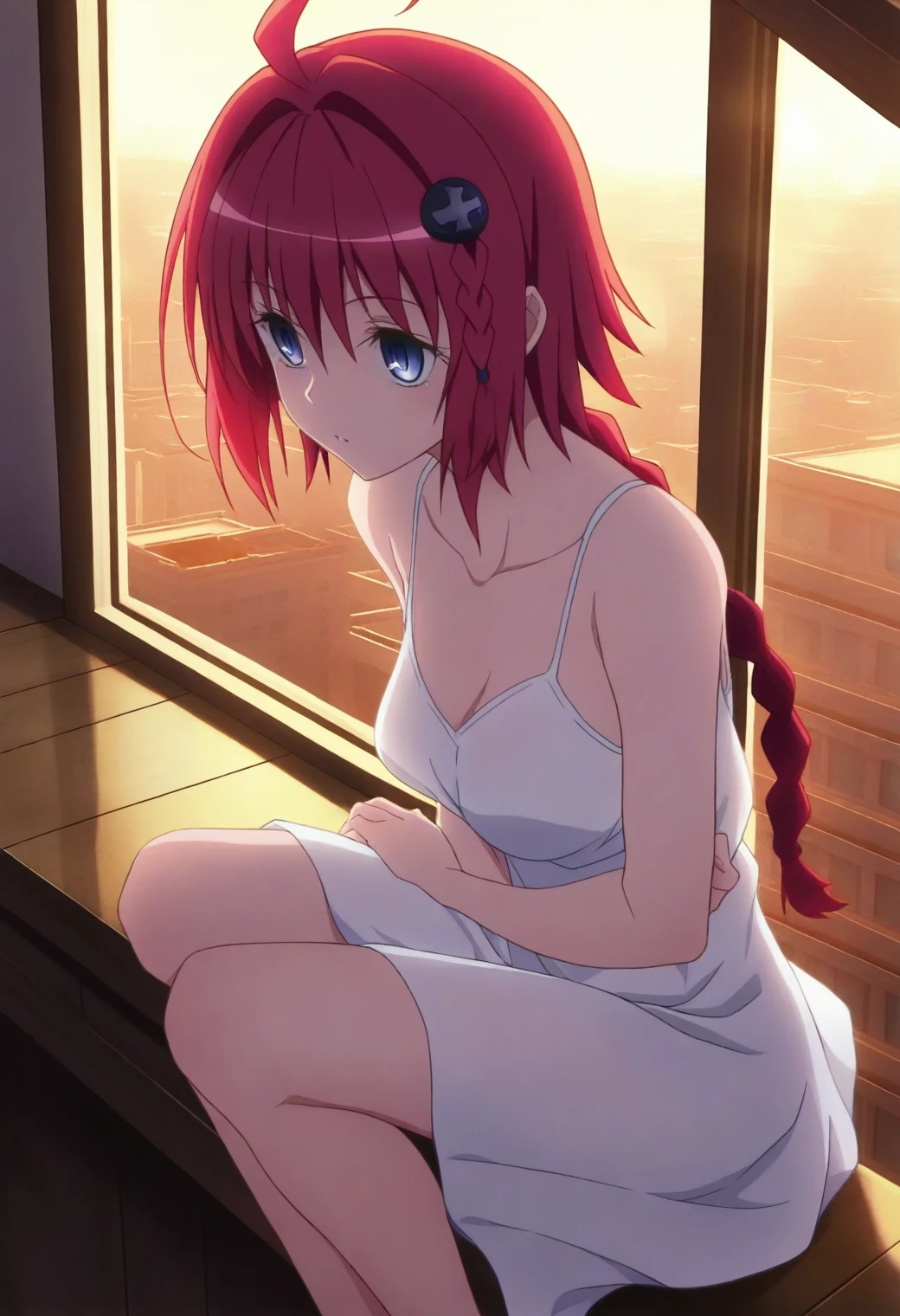 <lora:Mea Kurosaki - [To Love Ru] - illustriousXL v1:1>, sysdeep_mea, red hair, blue eyes, long hair, single braid, solo, Open window, light dress, sitting on windowsill, golden hour lighting