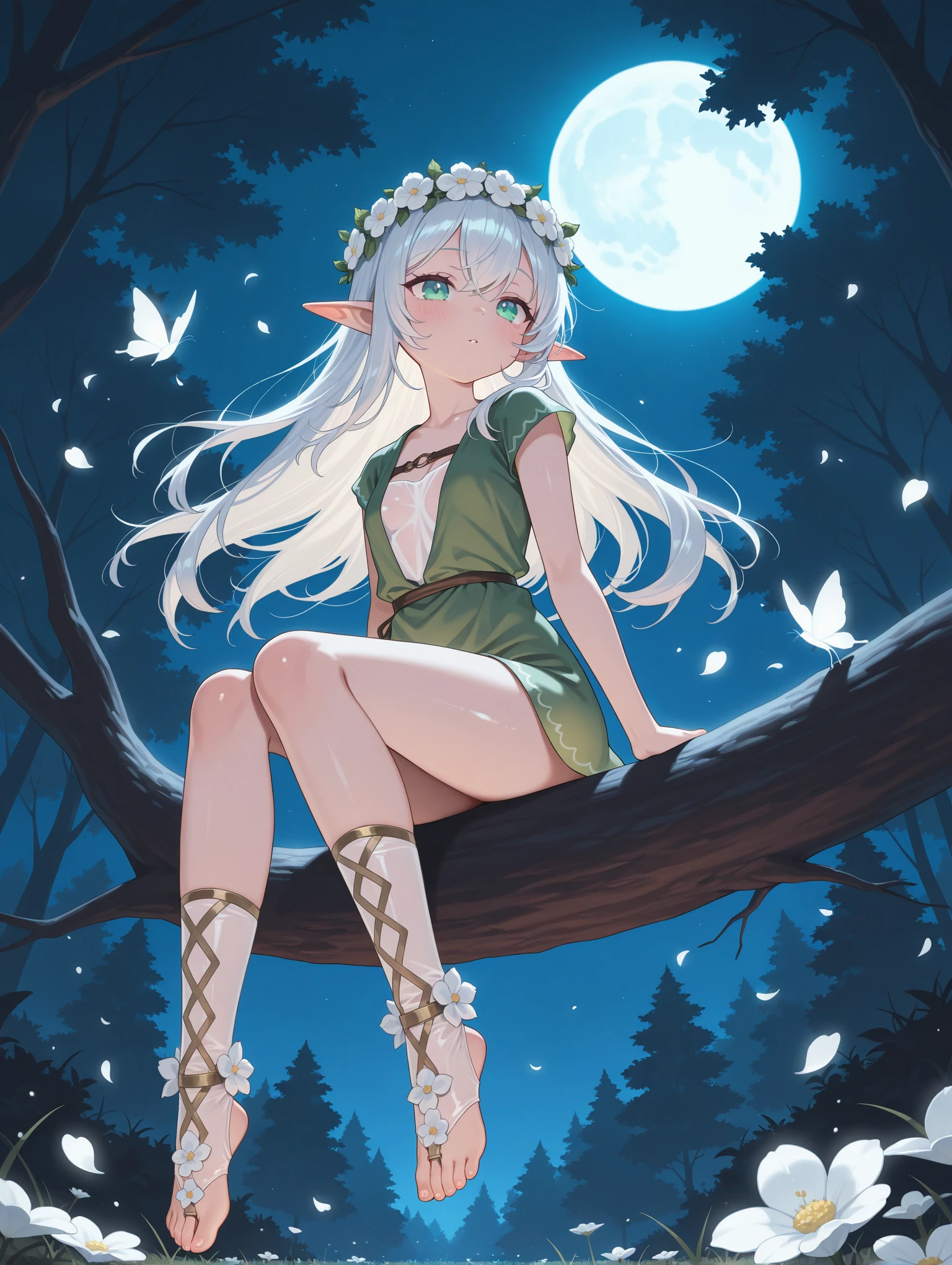 1girl,cute_face,slender body,petite body,fair_skin,shiny hair,seductive posture,sitting_on_tree,sitting_high,see-through,woodland nymph tunic,floral wreath,barefoot sandals,knee highs,white legwear,open_clothes,elf,outdoors,nature,flower,falling_petals,night,moonlight,glowing_petals,full_moon,dark,from_below,
masterpiece,best quality,amazing quality,very aesthetic,absurdres,newest,volumetric lighting,